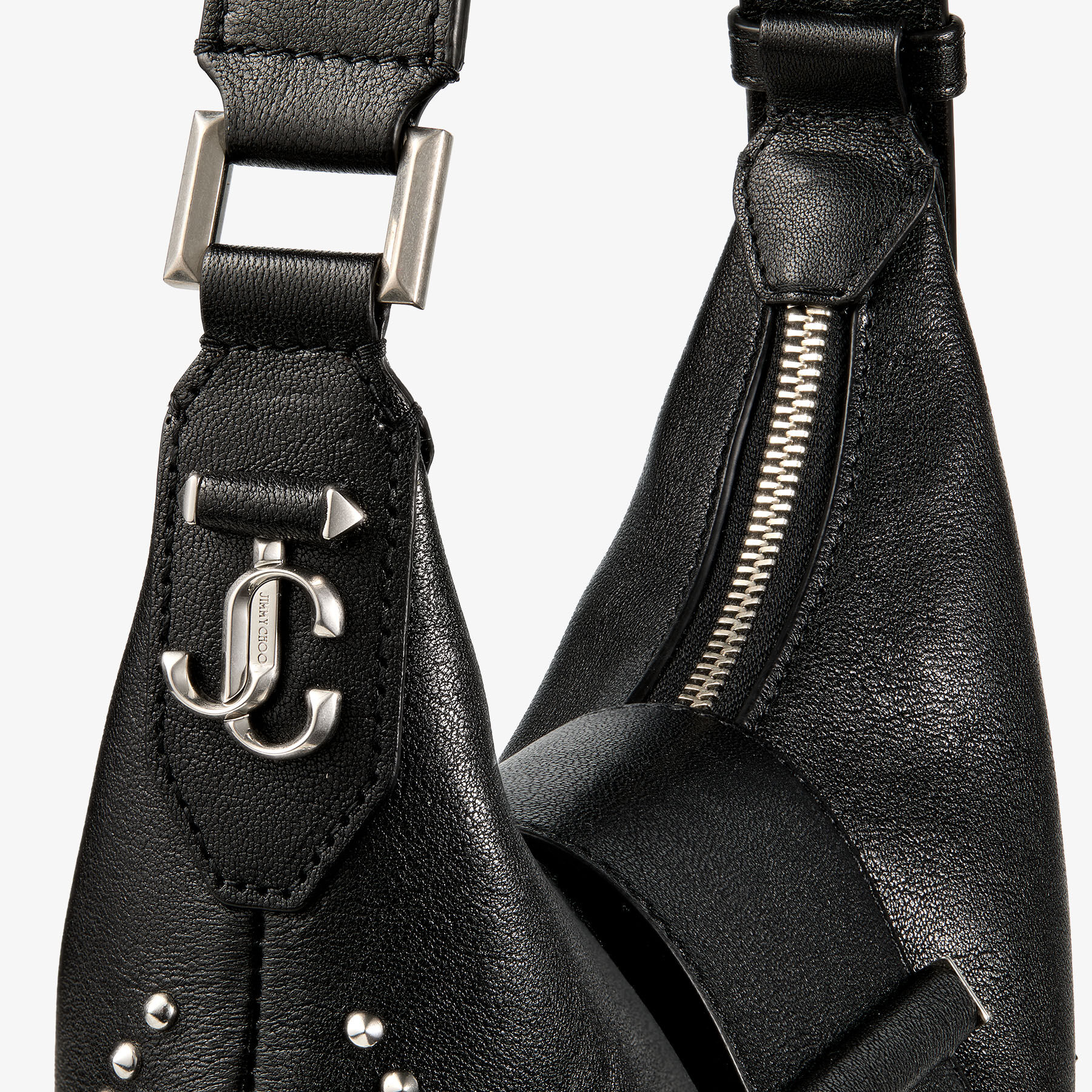 Bar Hobo Small | Black Biker Leather Shoulder Bag with Pearl Studs