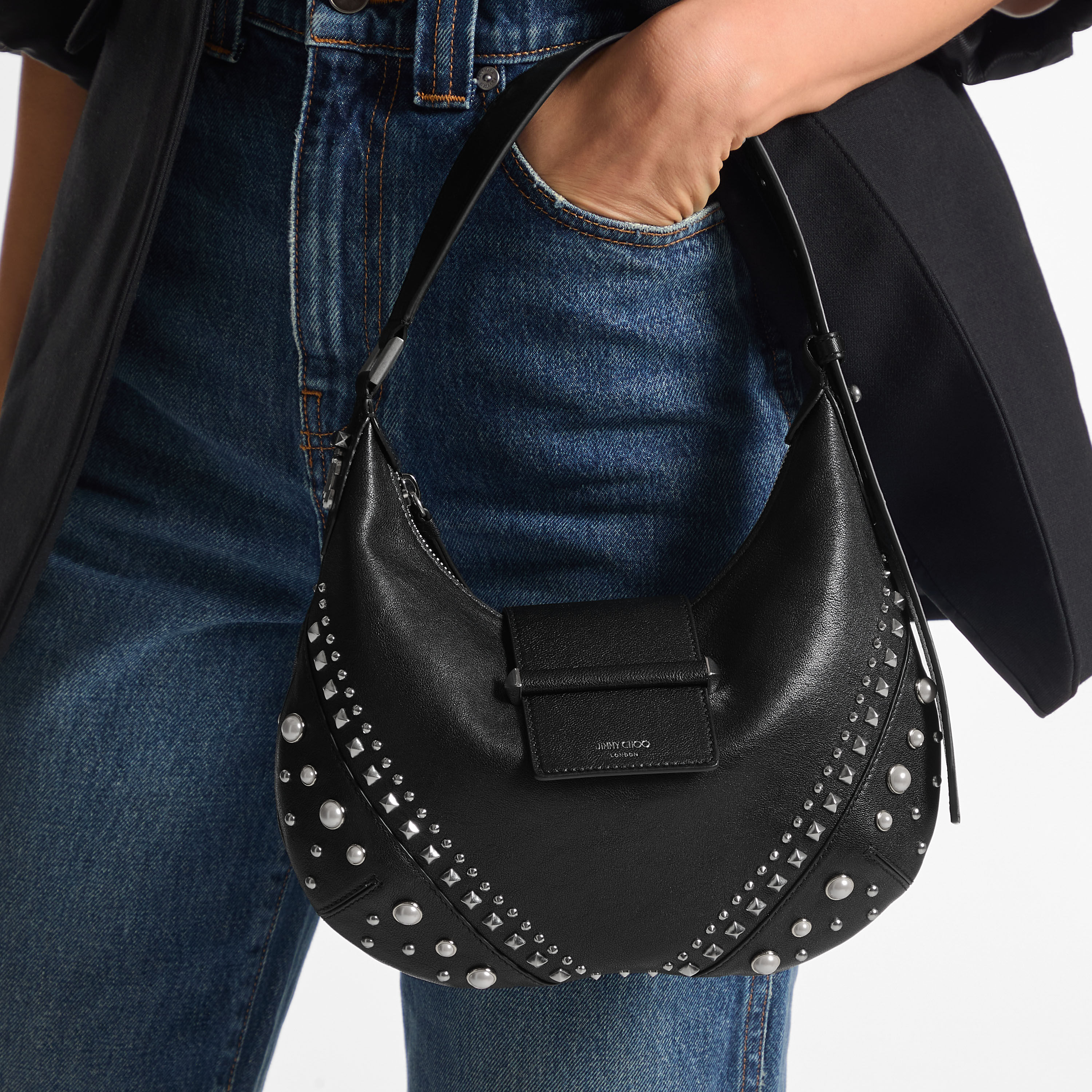 Bar Hobo Small | Black Biker Leather Shoulder Bag with Pearl Studs