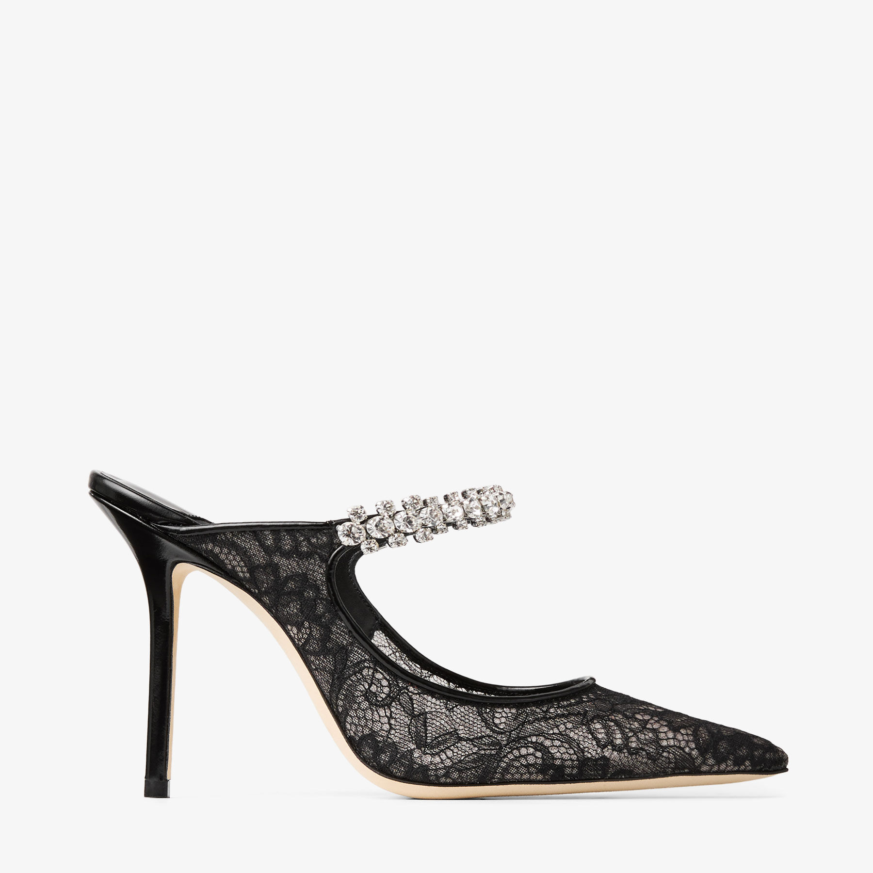 Bing 100 | Black Jimmy Choo Lace Mules with Crystal Strap | JIMMY CHOO