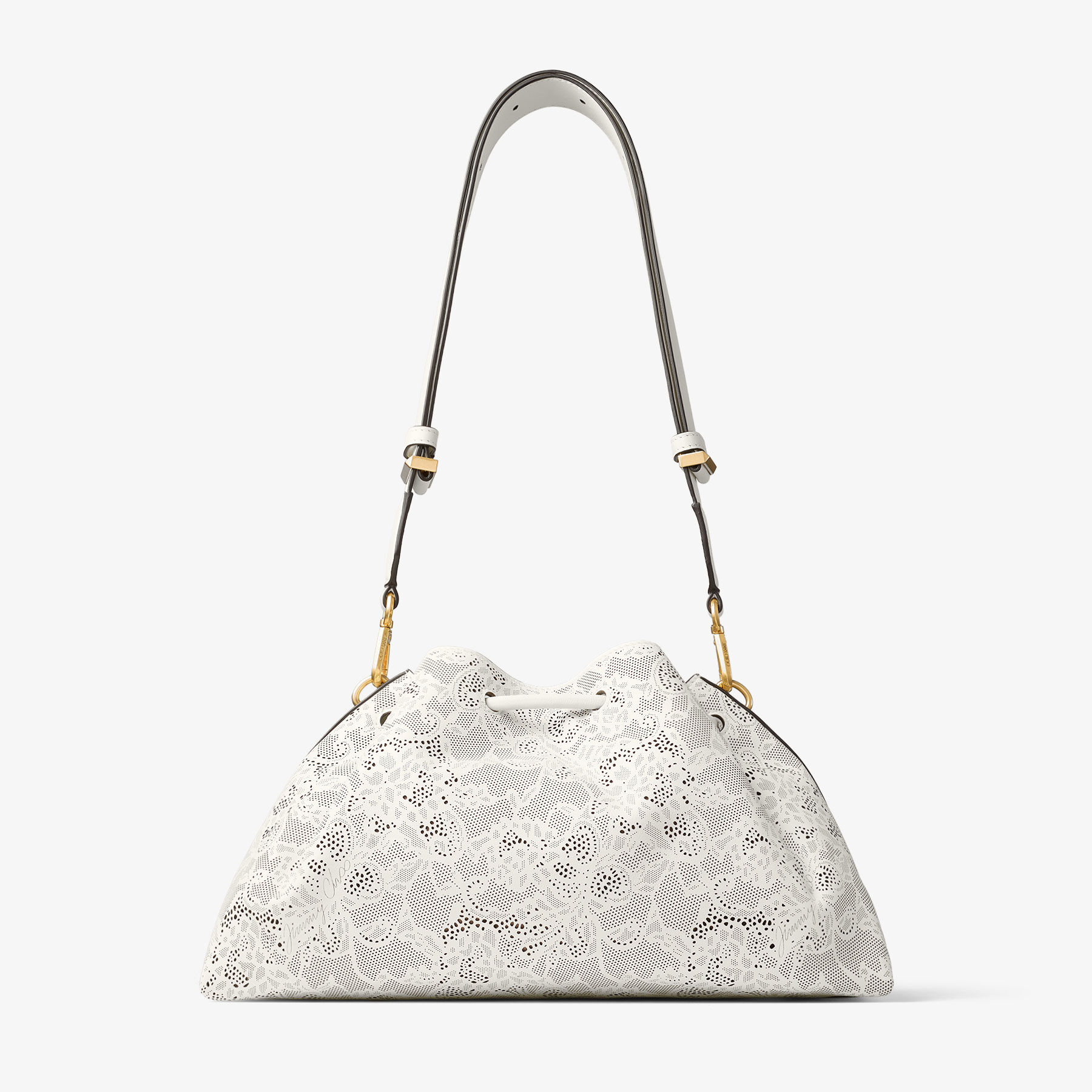 Cinch Medium | Latte Perforated Lace Bucket Bag | JIMMY CHOO