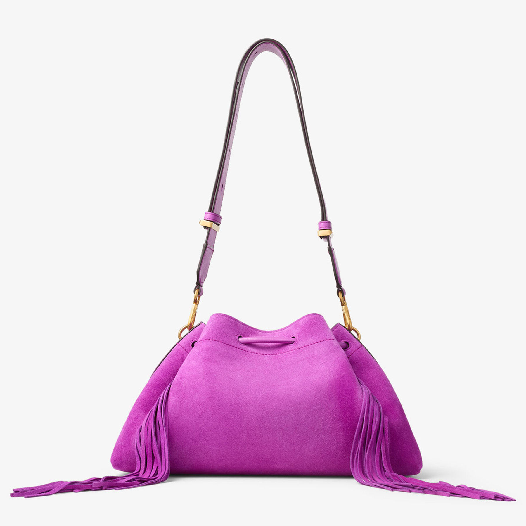 Cinch Medium | Violet Orchid Suede Bucket Bag with Fringes | JIMMY