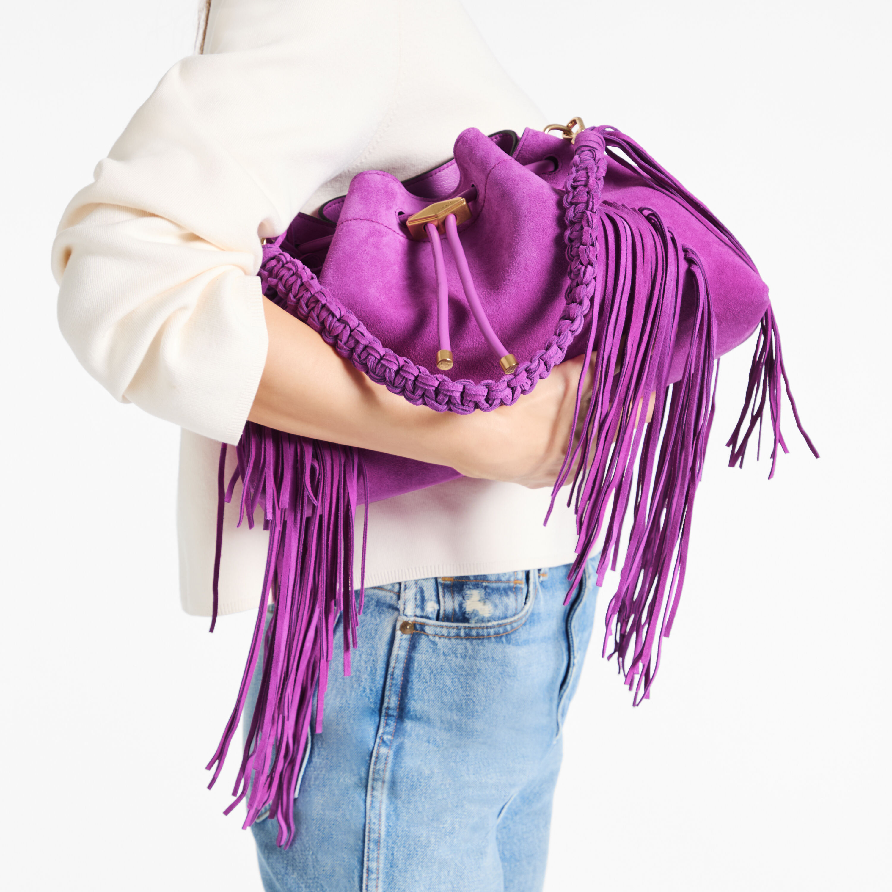 Cinch Medium | Violet Orchid Suede Bucket Bag with Fringes | JIMMY
