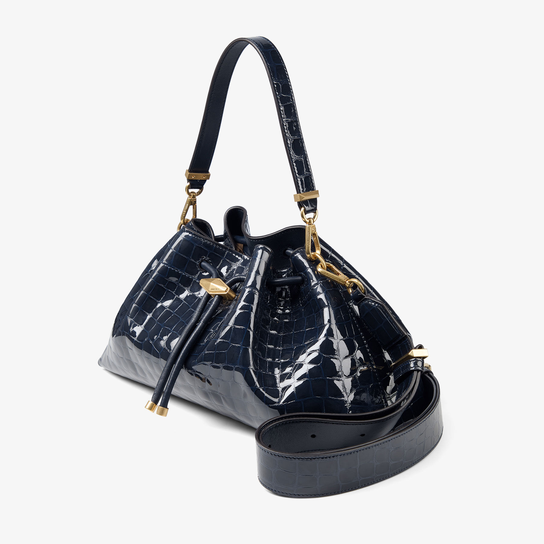 Cinch Medium | Marine Shiny Croc Embossed Leather Shoulder Bag