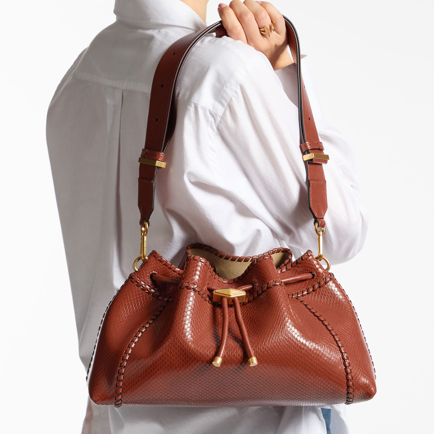 Cinch M | Cognac Elaphe Printed Leather Bucket Bag with Biker