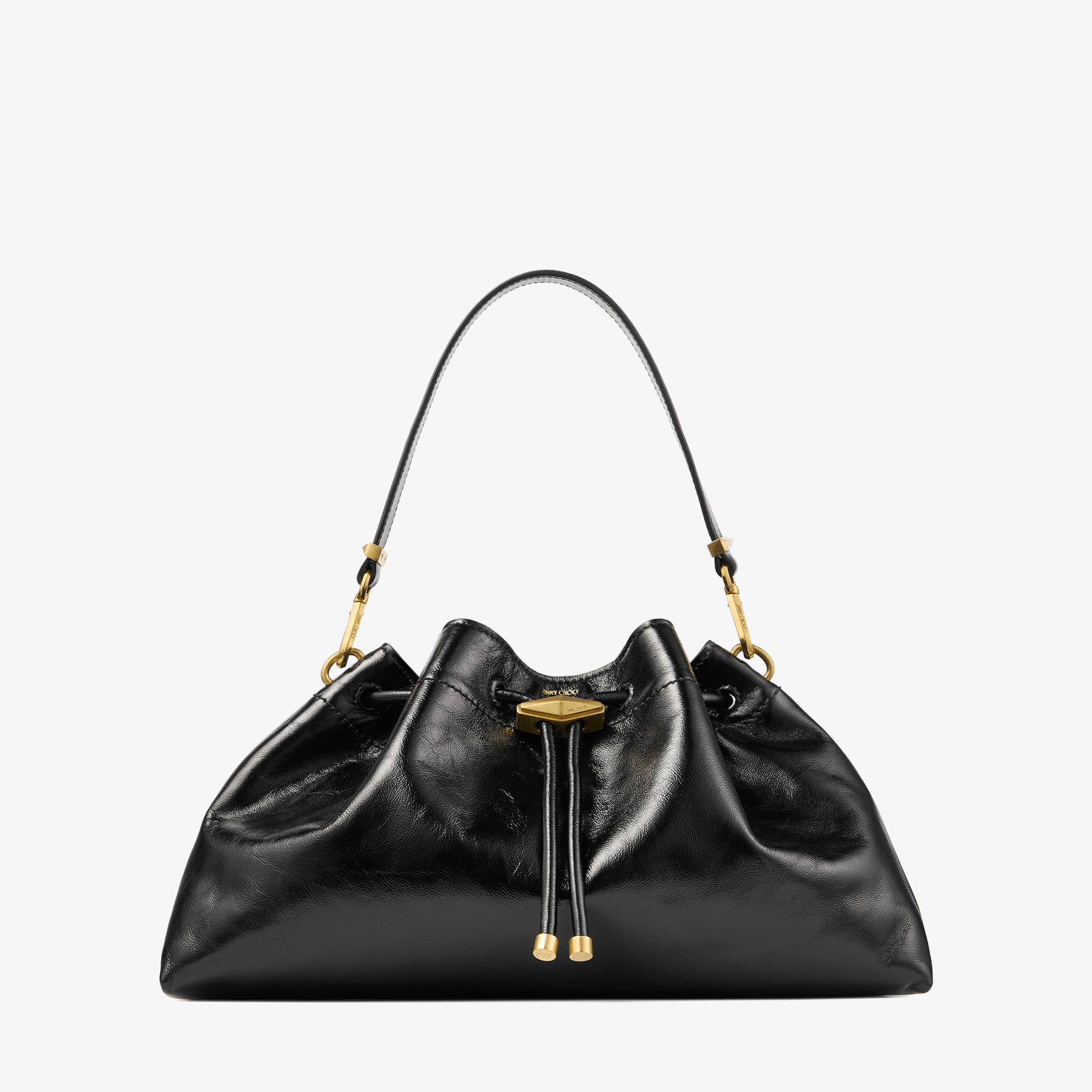 Cinch Medium | Black Soft Shiny Biker Leather Shoulder Bag | JIMMY