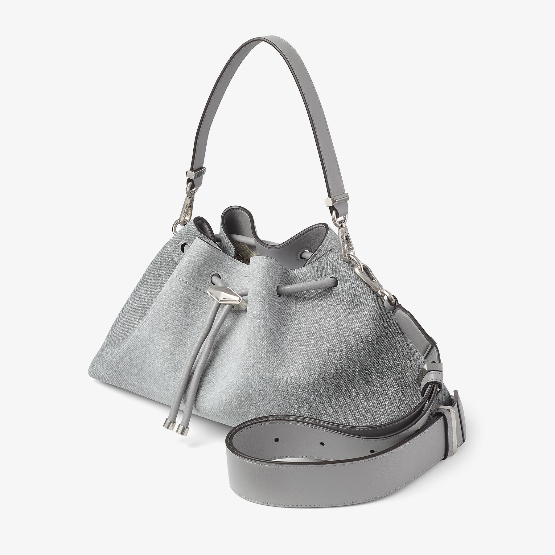 Cinch Medium | Dove Suede Denim Bucket Bag | JIMMY CHOO