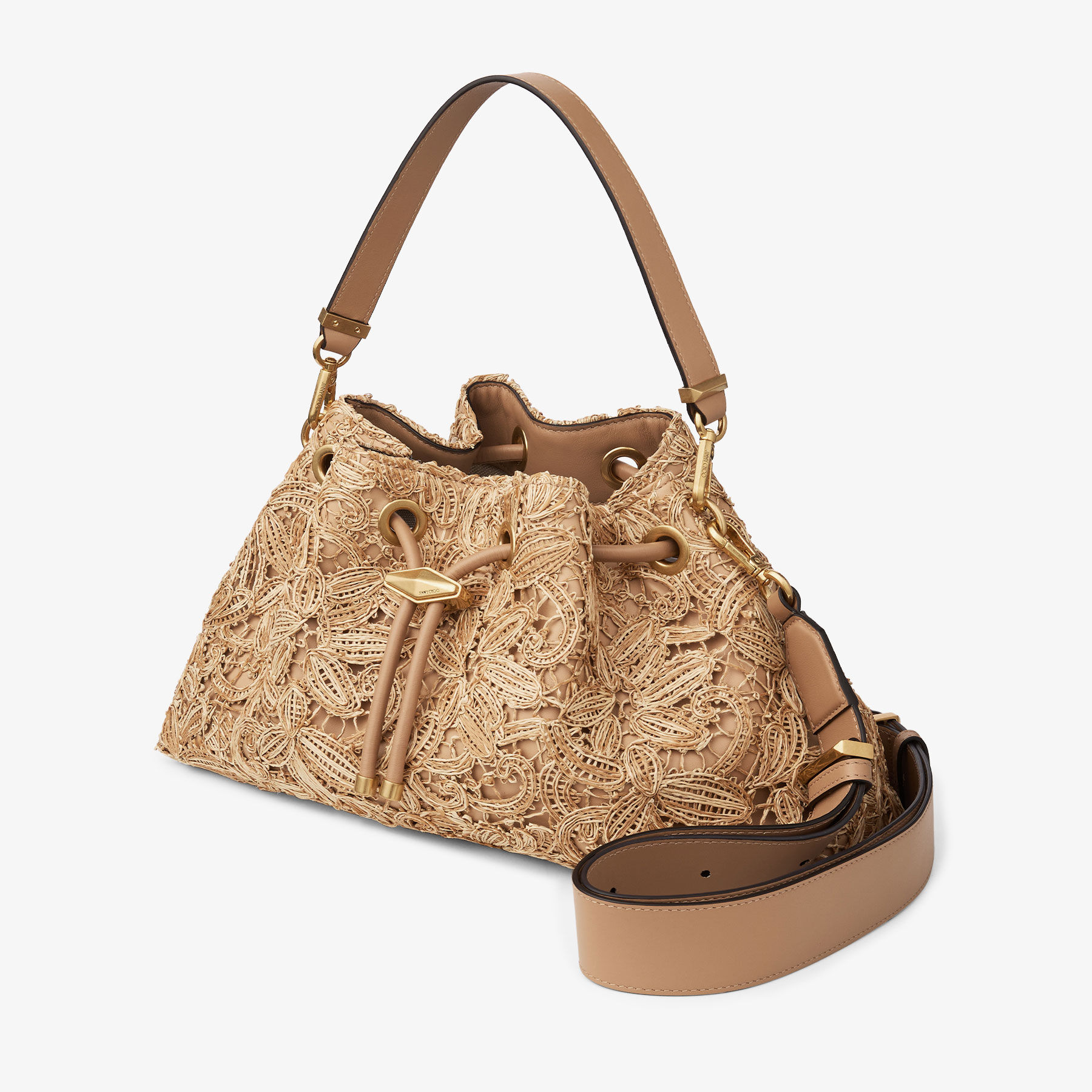 Cinch Medium | Natural Flower Woven Raffia Bucket Bag | JIMMY CHOO