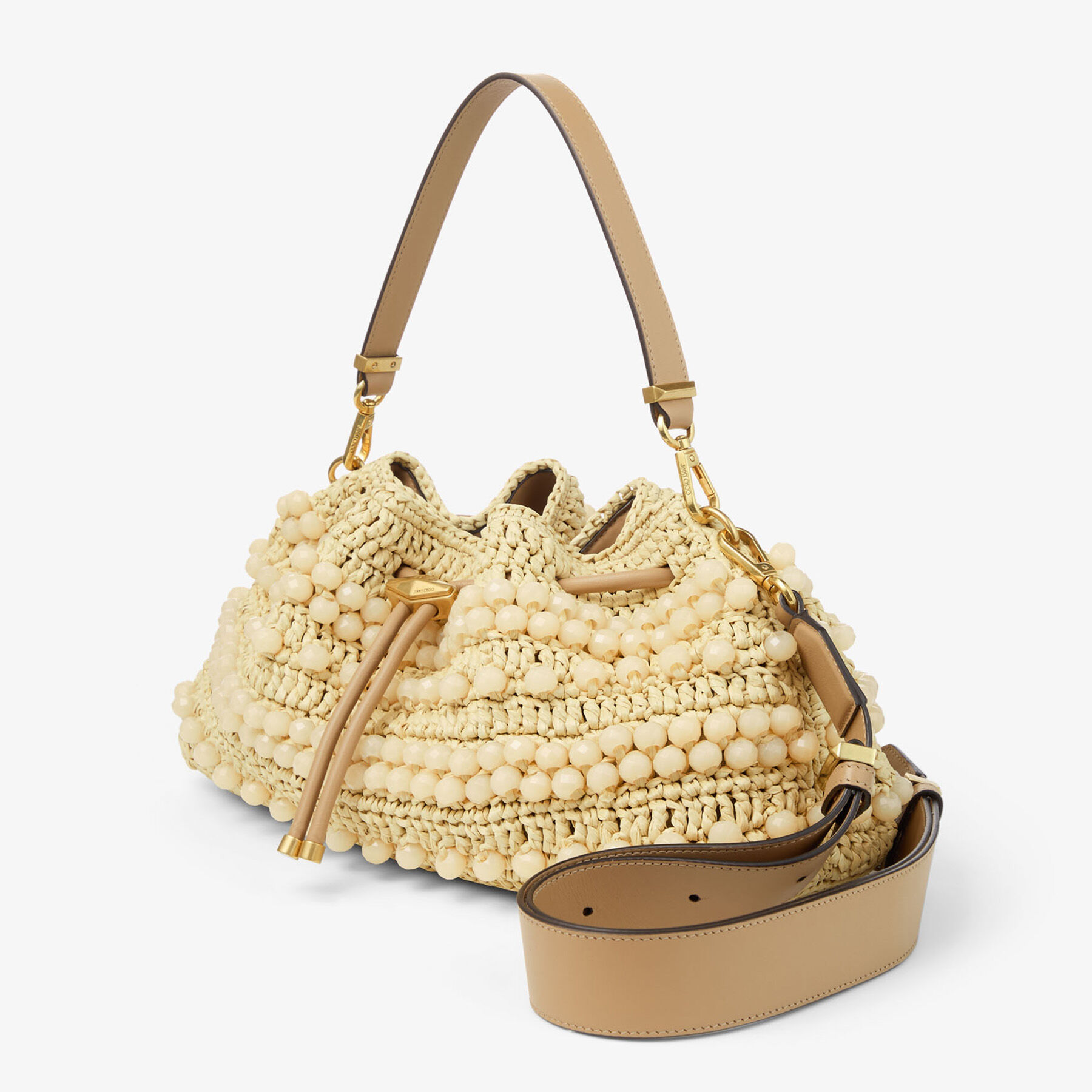 Cinch | Natural and Cappuccino Beaded Raffia Bucket Bag with