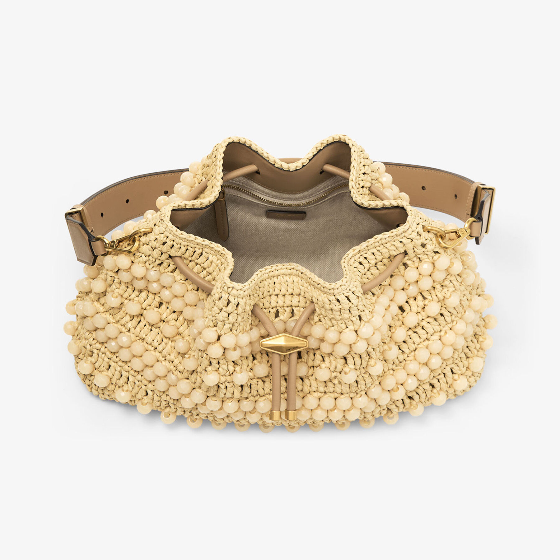 バッグ jima Cinch | Natural and Cappuccino Beaded Raffia Bucket Bag with