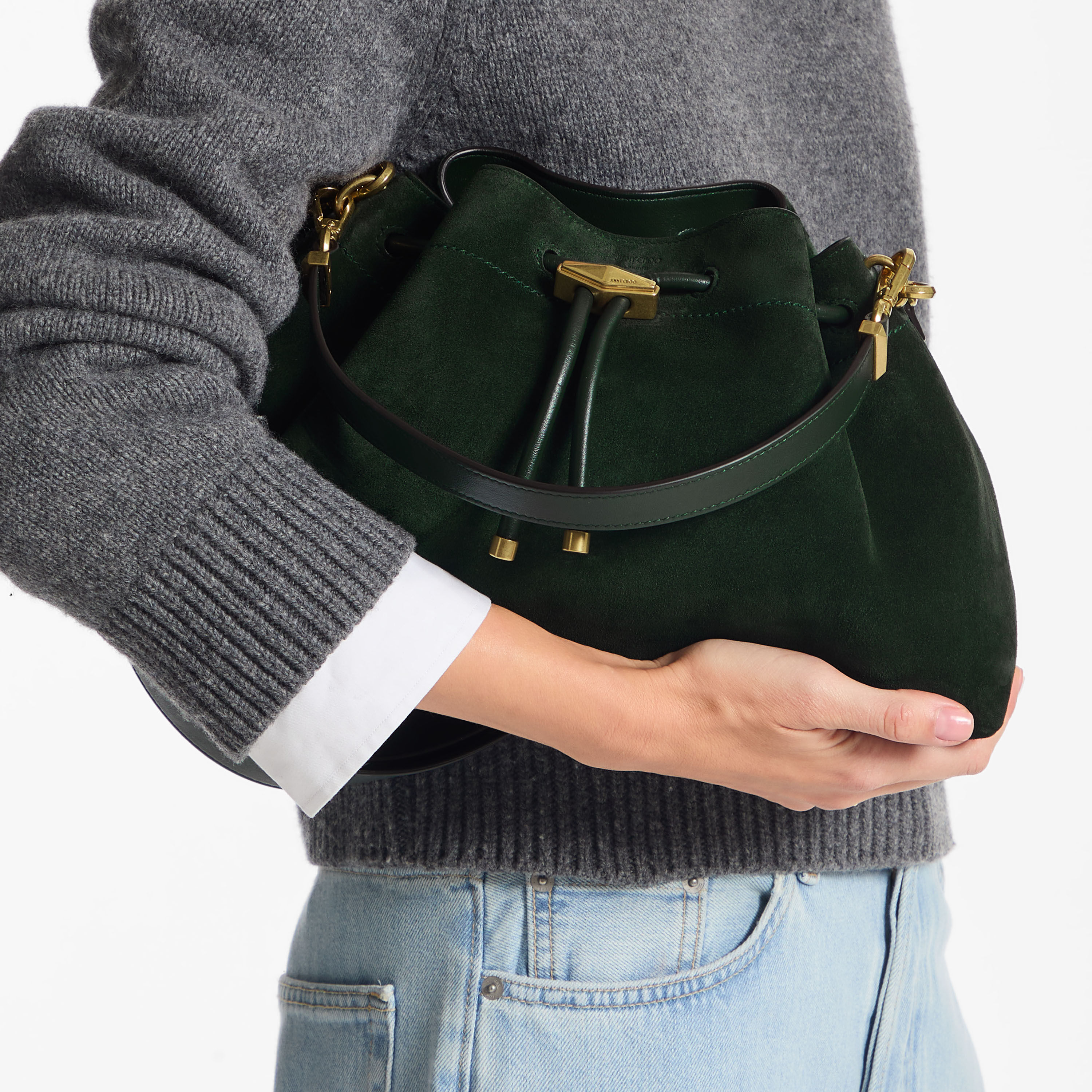 40周年　グーフィー　バッグ Cinch Medium | British Green Suede Shoulder Bag | JIMMY CHOO