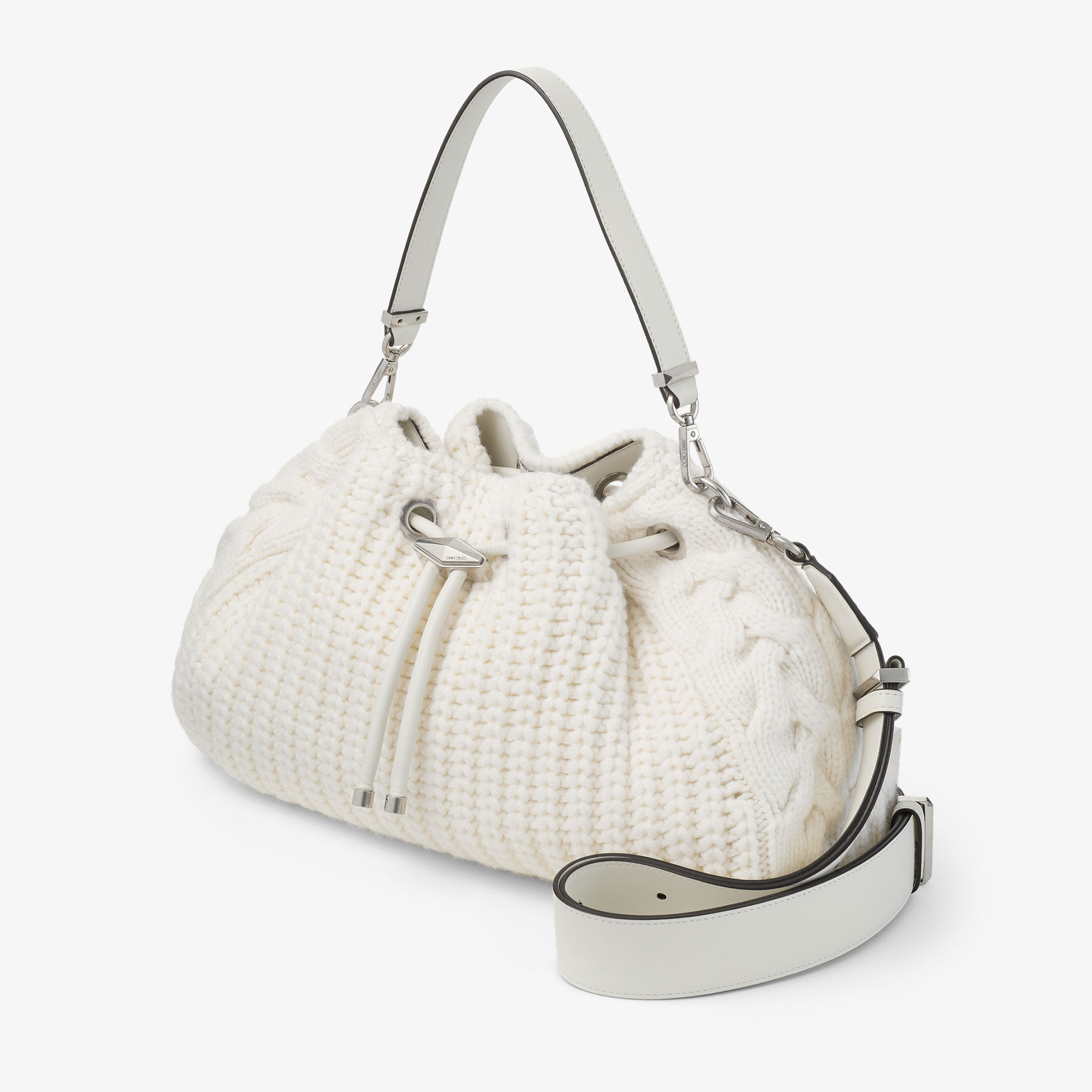 mnさま Cinch M | Latte Knitted Wool Bucket Bag | JIMMY CHOO