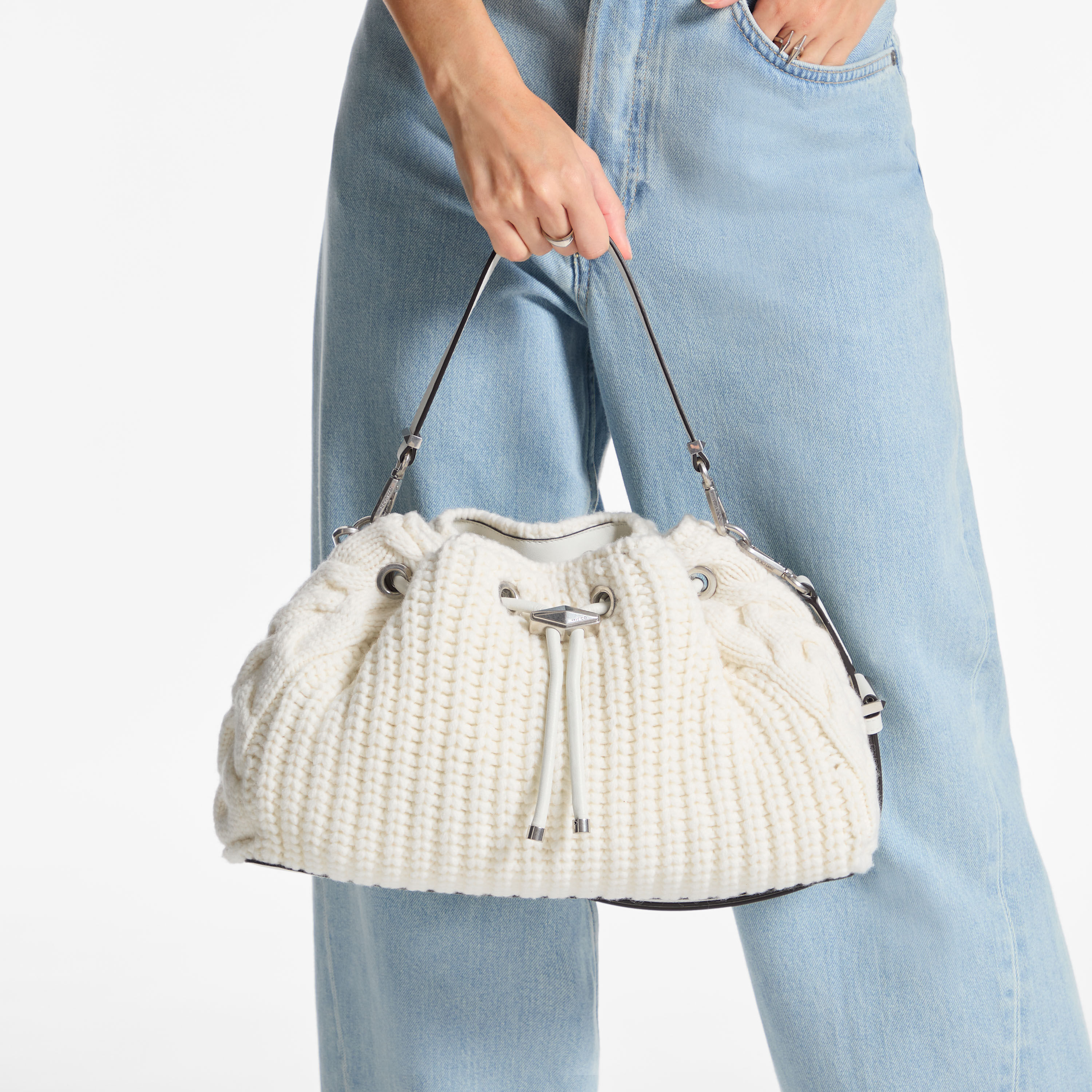 Cinch M | Latte Knitted Wool Bucket Bag | JIMMY CHOO