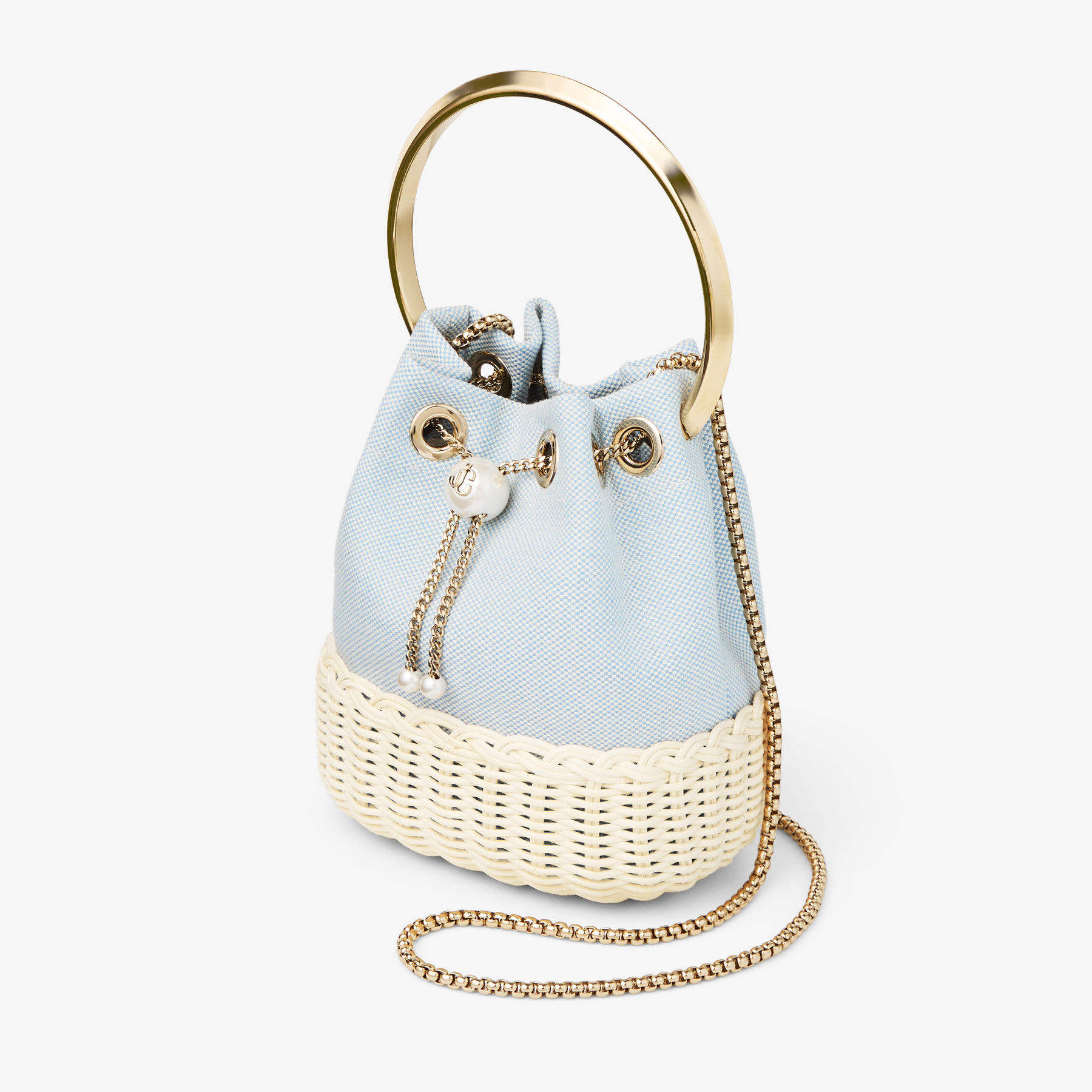 Bon Bon | Riviera Blue Mix Flecked Canvas and Wicker Bucket Bag