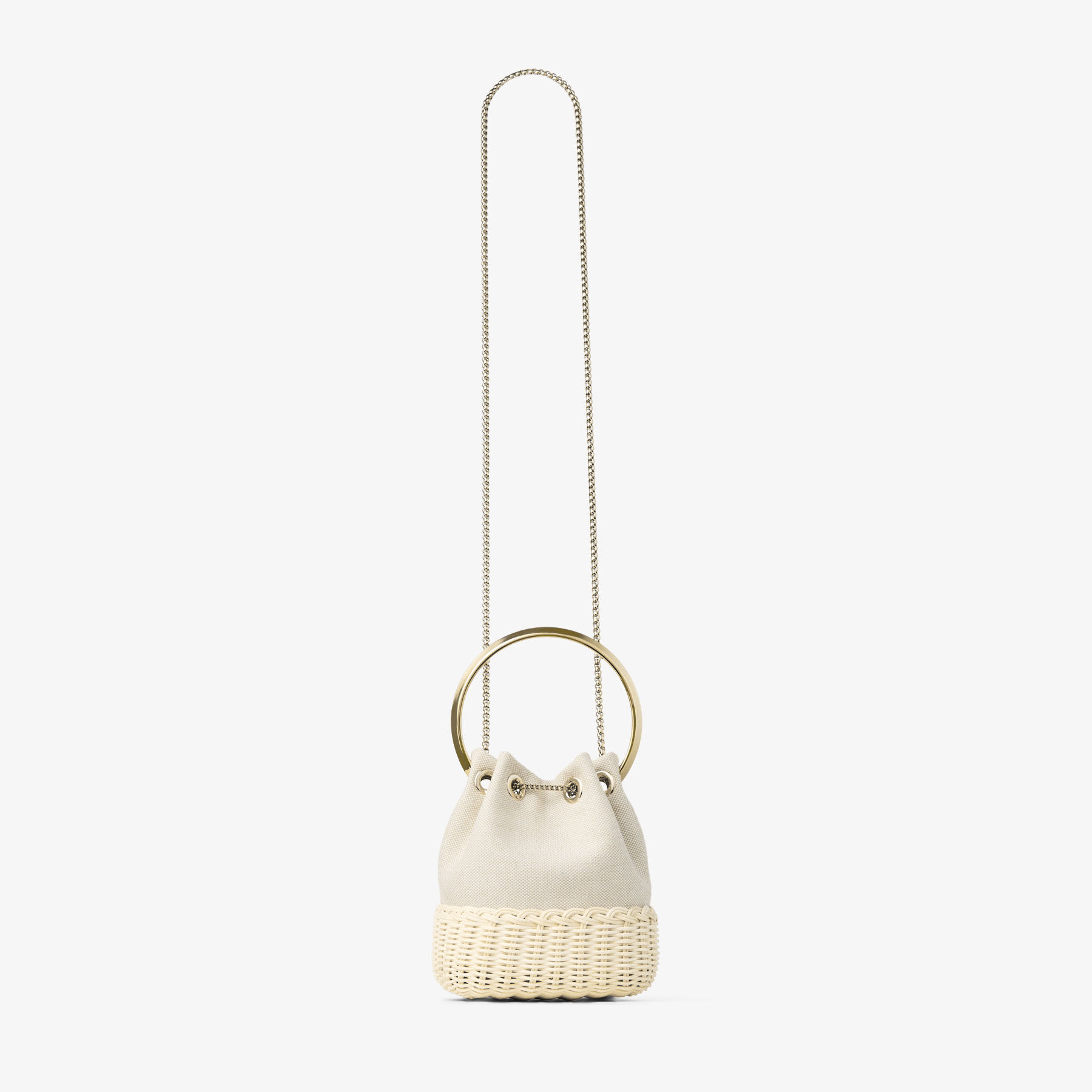 Bon Bon | Almond Mix Flecked Canvas and Wicker Bucket Bag | JIMMY CHOO