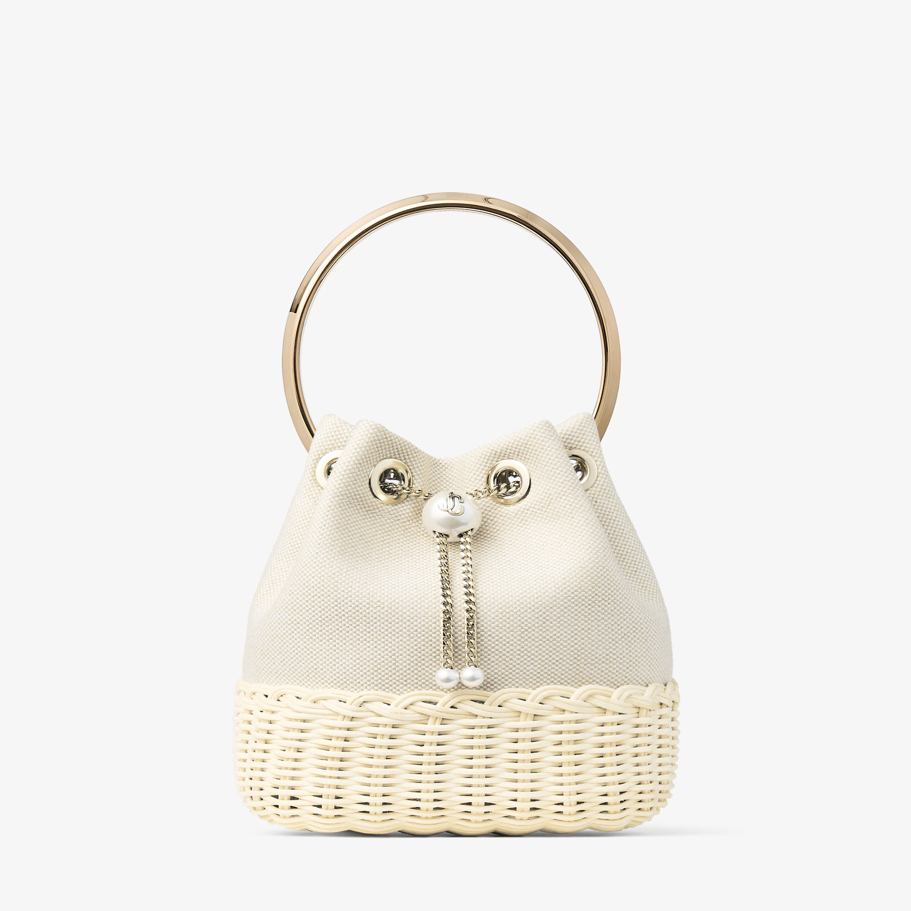 【les bon bon】swing anklet white gold K10 Bon Bon | Almond Mix Flecked Canvas and Wicker Bucket Bag | JIMMY CHOO