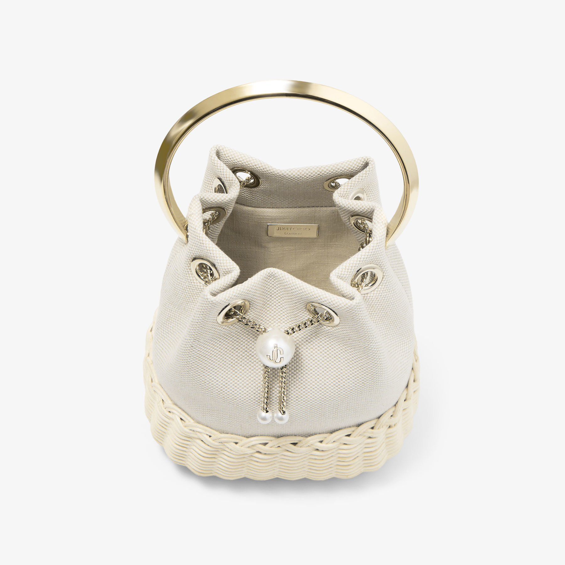 Bon Bon | Almond Mix Flecked Canvas and Wicker Bucket Bag | JIMMY CHOO