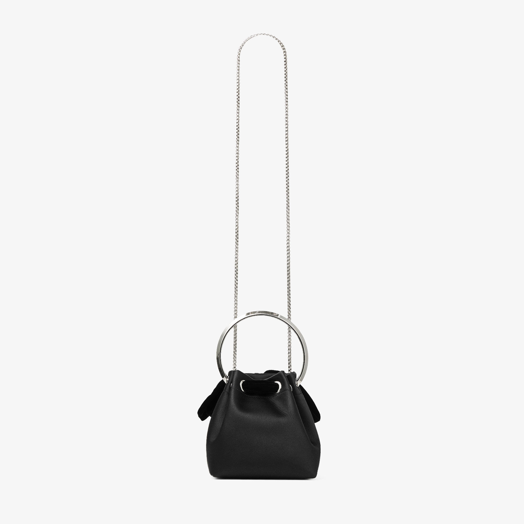 Bon Bon | Black Satin Bucket Bag with Velvet Bow | JIMMY CHOO