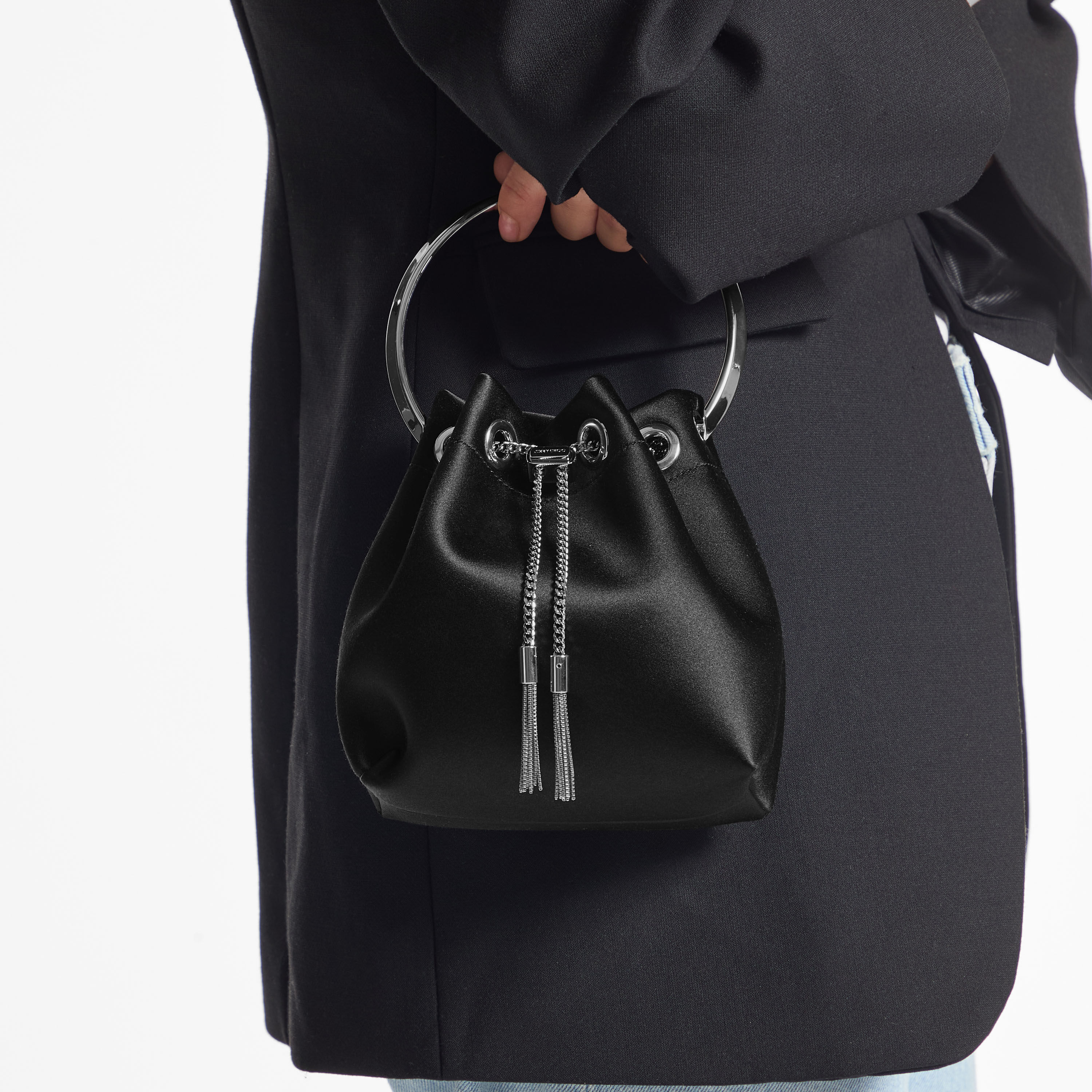 Bon Bon | Black Satin Handbag with Metal Handle | JIMMY CHOO