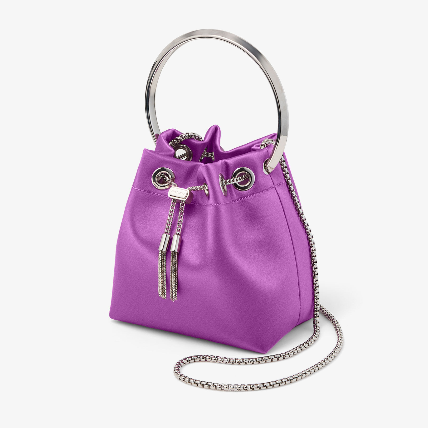 Bon Bon | Violet Orchid Satin Handbag with Metal Bracelet | JIMMY CHOO