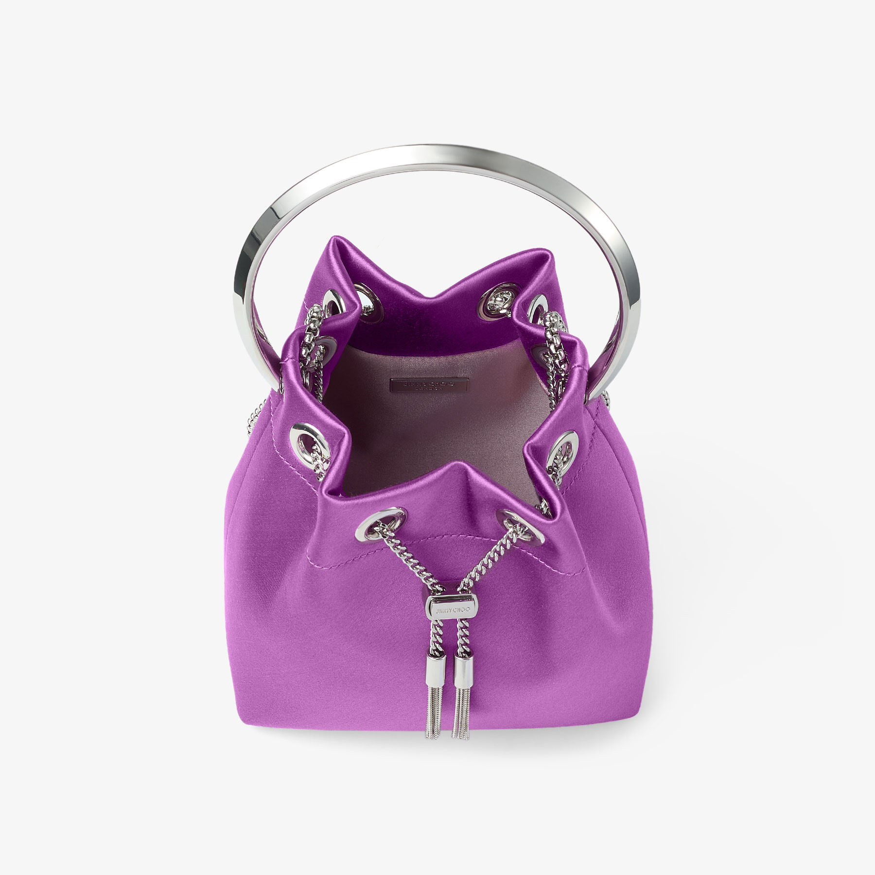 Bon Bon | Violet Orchid Satin Handbag with Metal Bracelet | JIMMY CHOO