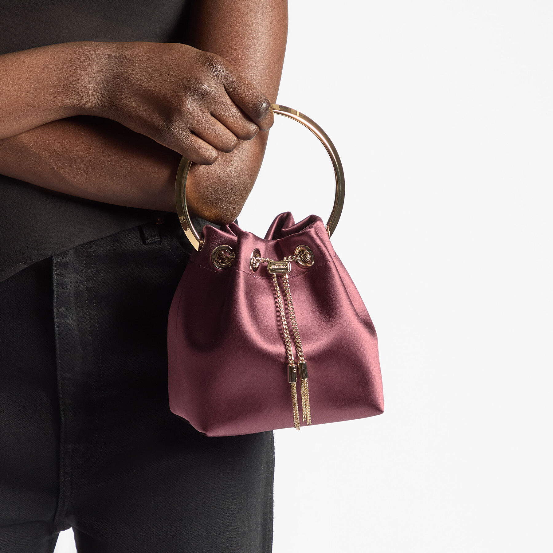 Bon Bon | Deep Merlot Satin Handbag with Metal Handle | JIMMY CHOO