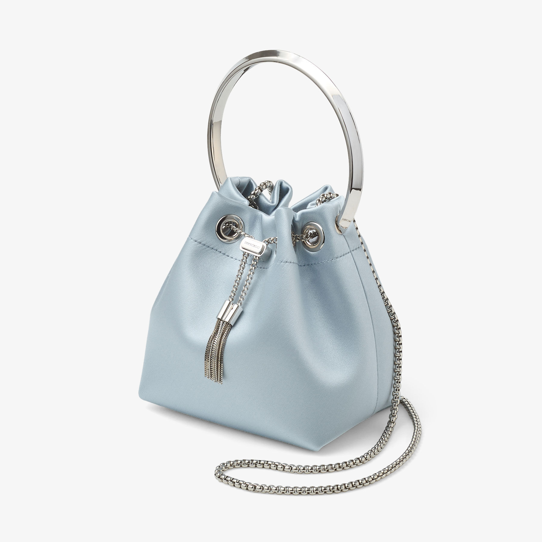 Bon Bon | Ice Blue Satin Bucket Bag | JIMMY CHOO