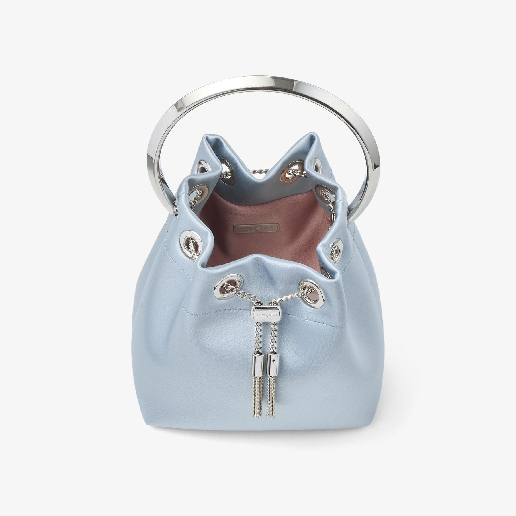 Bon Bon | Ice Blue Satin Bucket Bag | JIMMY CHOO