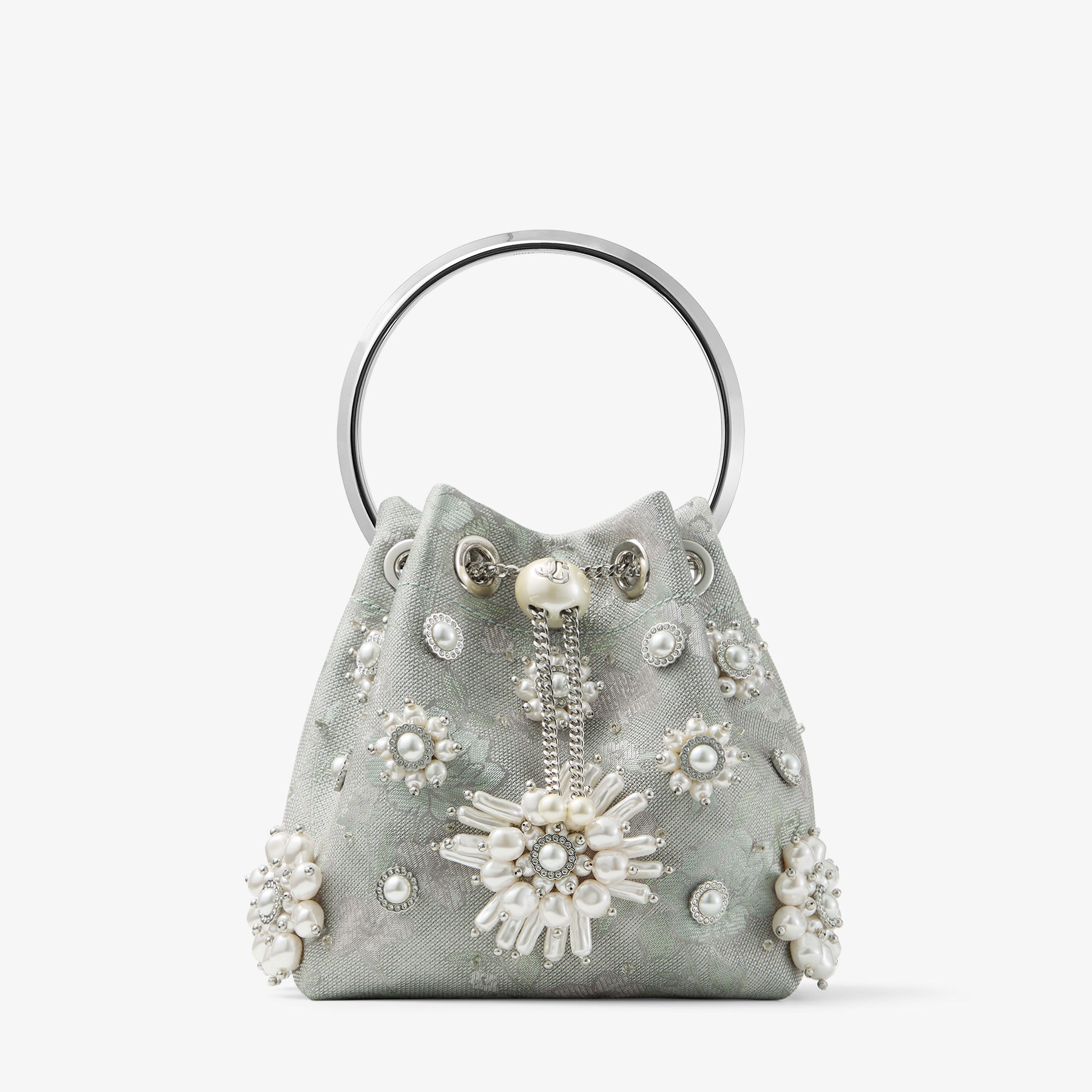 Bon Bon | Olive Brocade Bucket Bag with Floral Pearl Embroidery