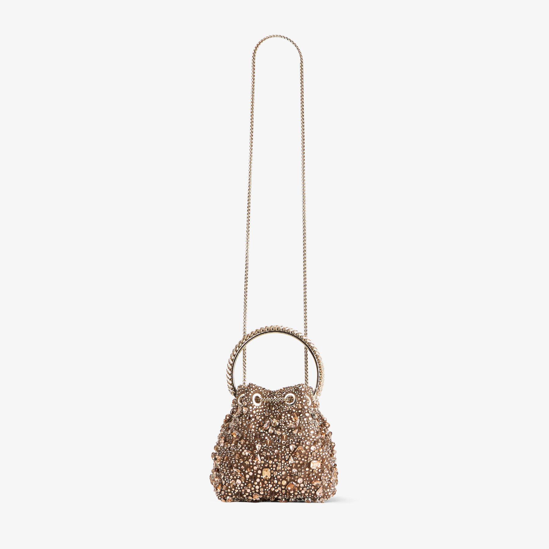 ジミーチュウ メッシュ素材 ボンボン メタリックハンドバッグ Bon Bon | Tan Metallic Crystal Mesh Handbag with Crystal