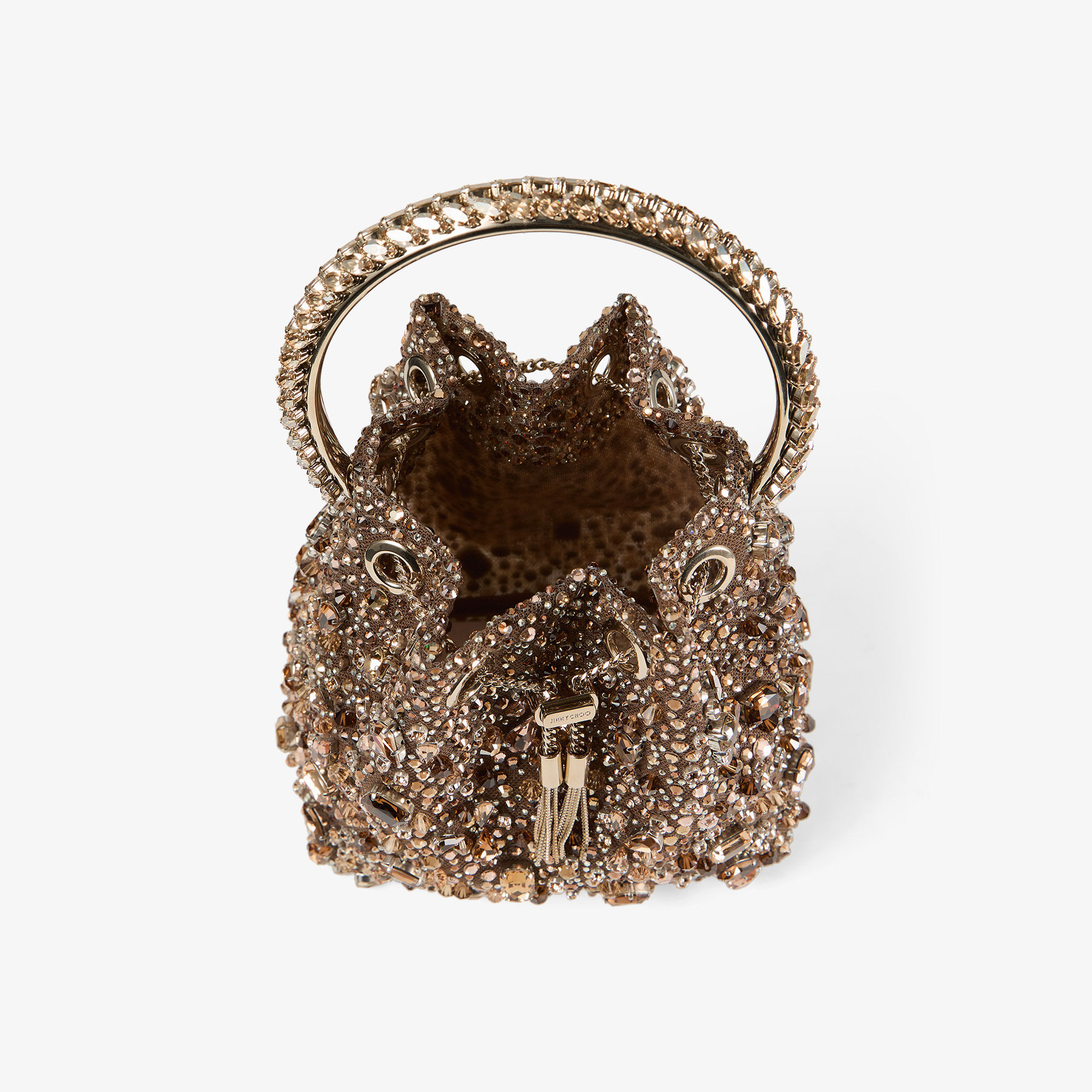 Bon Bon | Tan Metallic Crystal Mesh Handbag with Crystal Handle