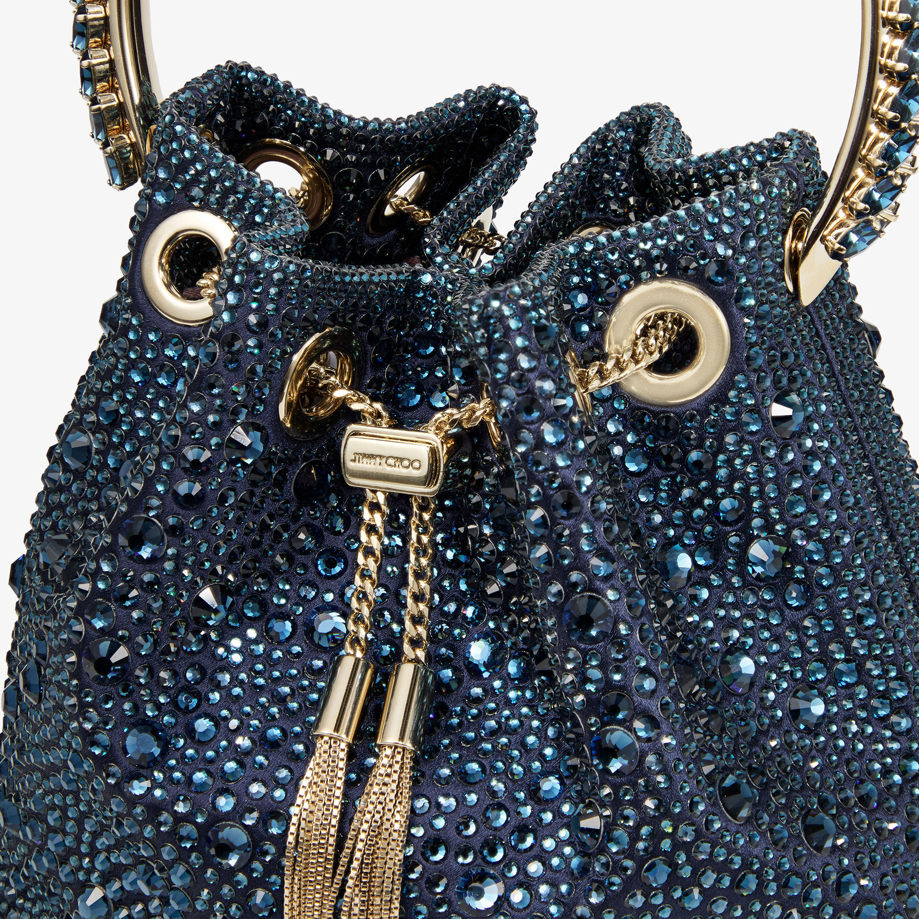 Bon Bon | Marine Satin and Crystal Hotfix Bucket Bag with Crystal