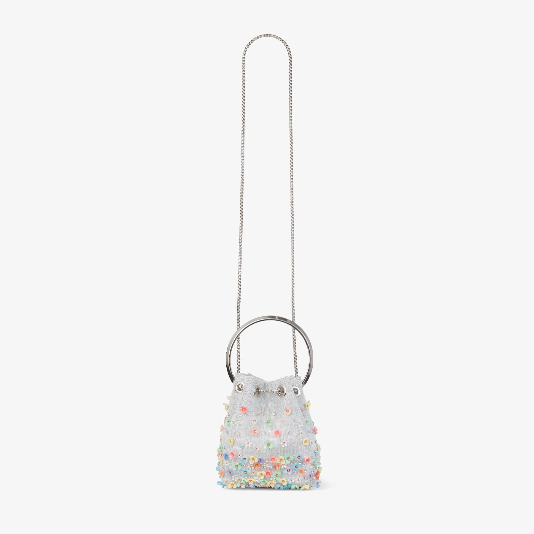 【国内発】JIMMY CHOO BON BON メッシュ ボンボンバッグ Bon Bon | Silver Mesh Bag With Embroidered Daisie | JIMMY CHOO