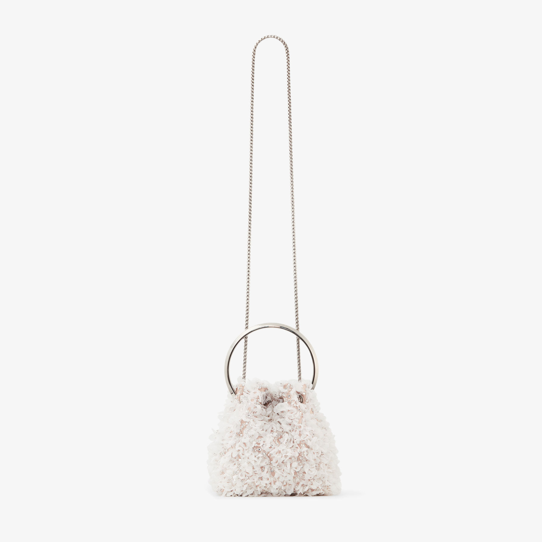 Bon Bon | Ivory Satin Bucket Bag with Petal Embroidery | JIMMY CHOO