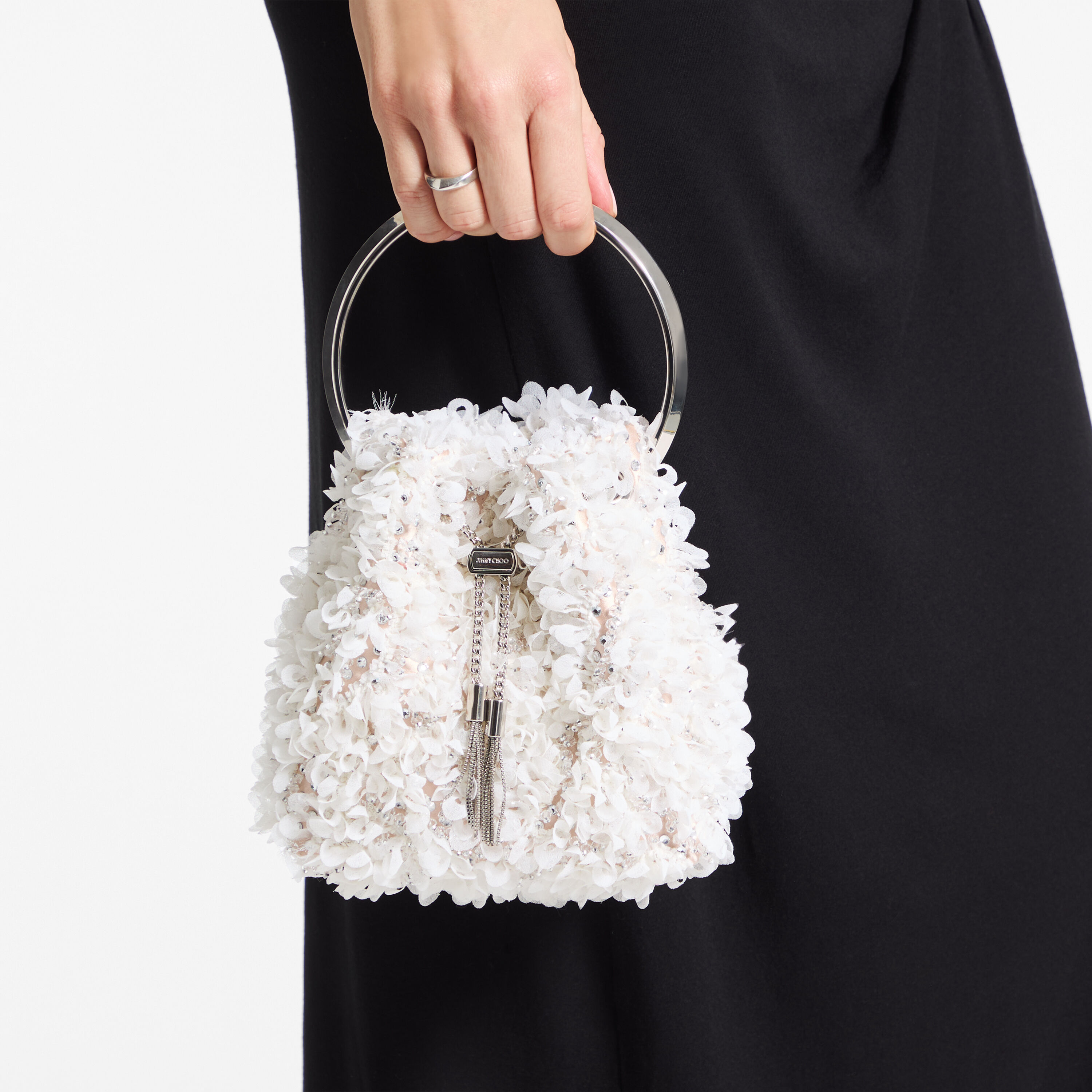 Bon Bon | Ivory Satin Bucket Bag with Petal Embroidery | JIMMY CHOO