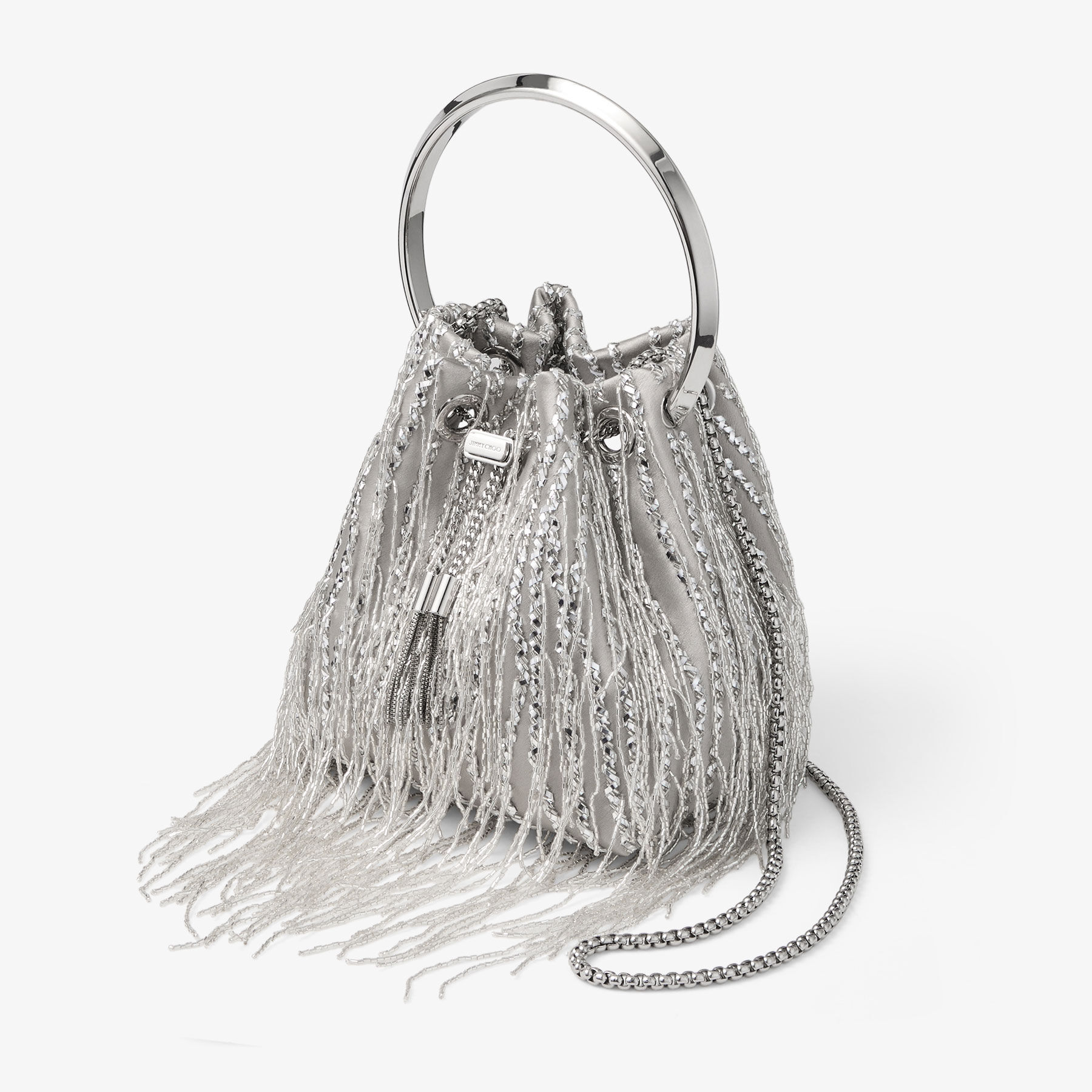 Bon Bon | Silver Braided Fringe Embroidery Bucket Bag | JIMMY CHOO