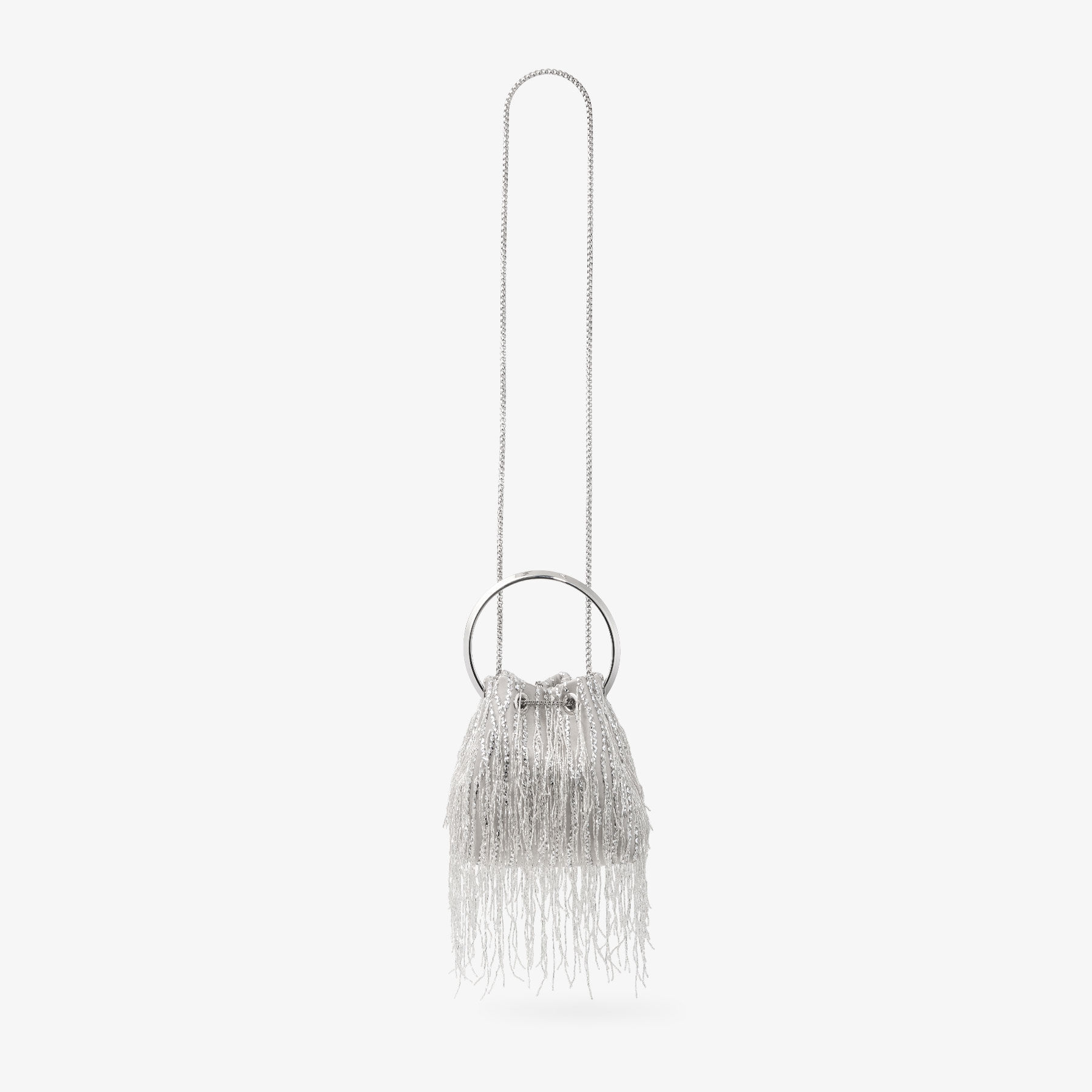 Bon Bon | Silver Braided Fringe Embroidery Bucket Bag | JIMMY CHOO