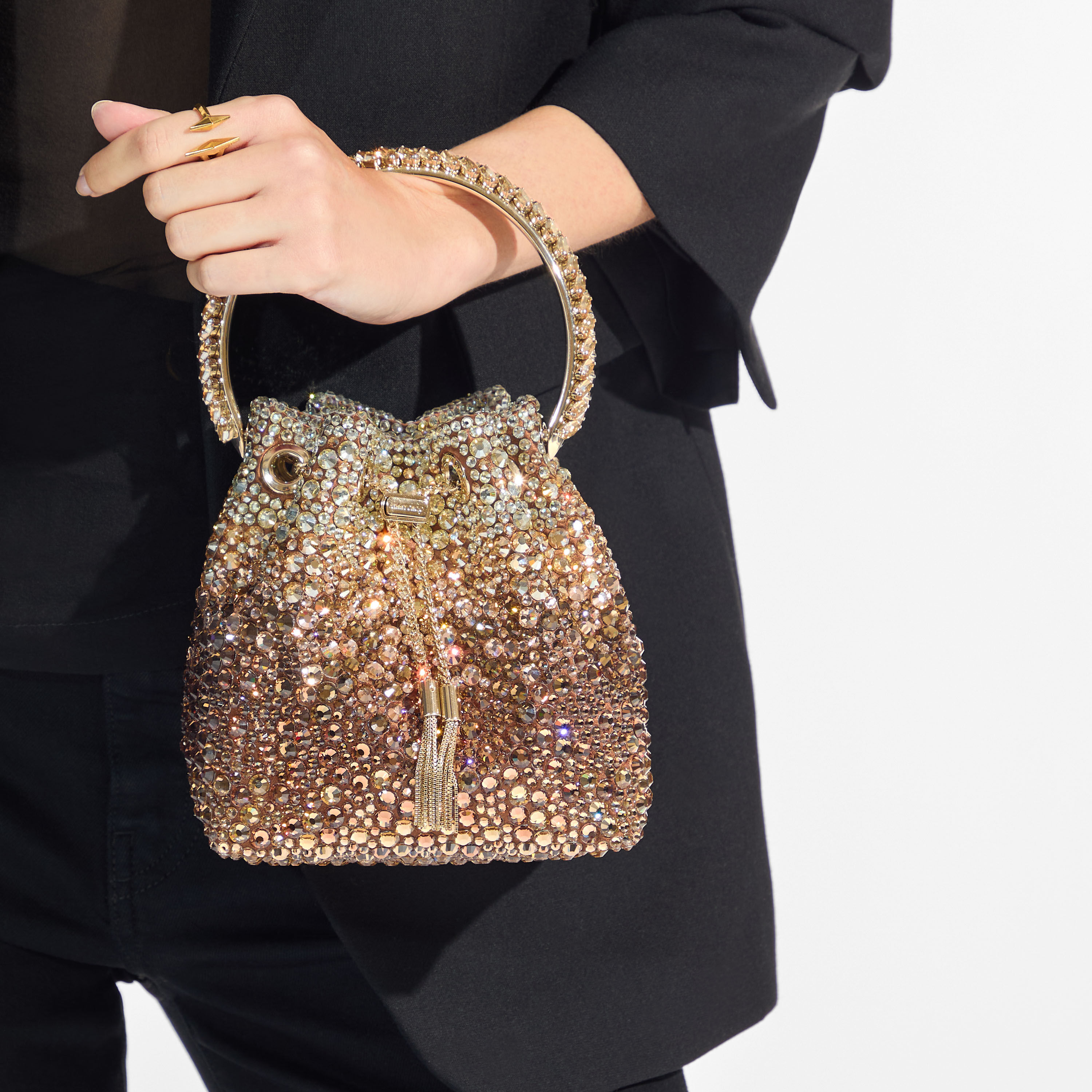 Bon Bon | Bronze Satin Handbag with Degrade Crystals | JIMMY CHOO