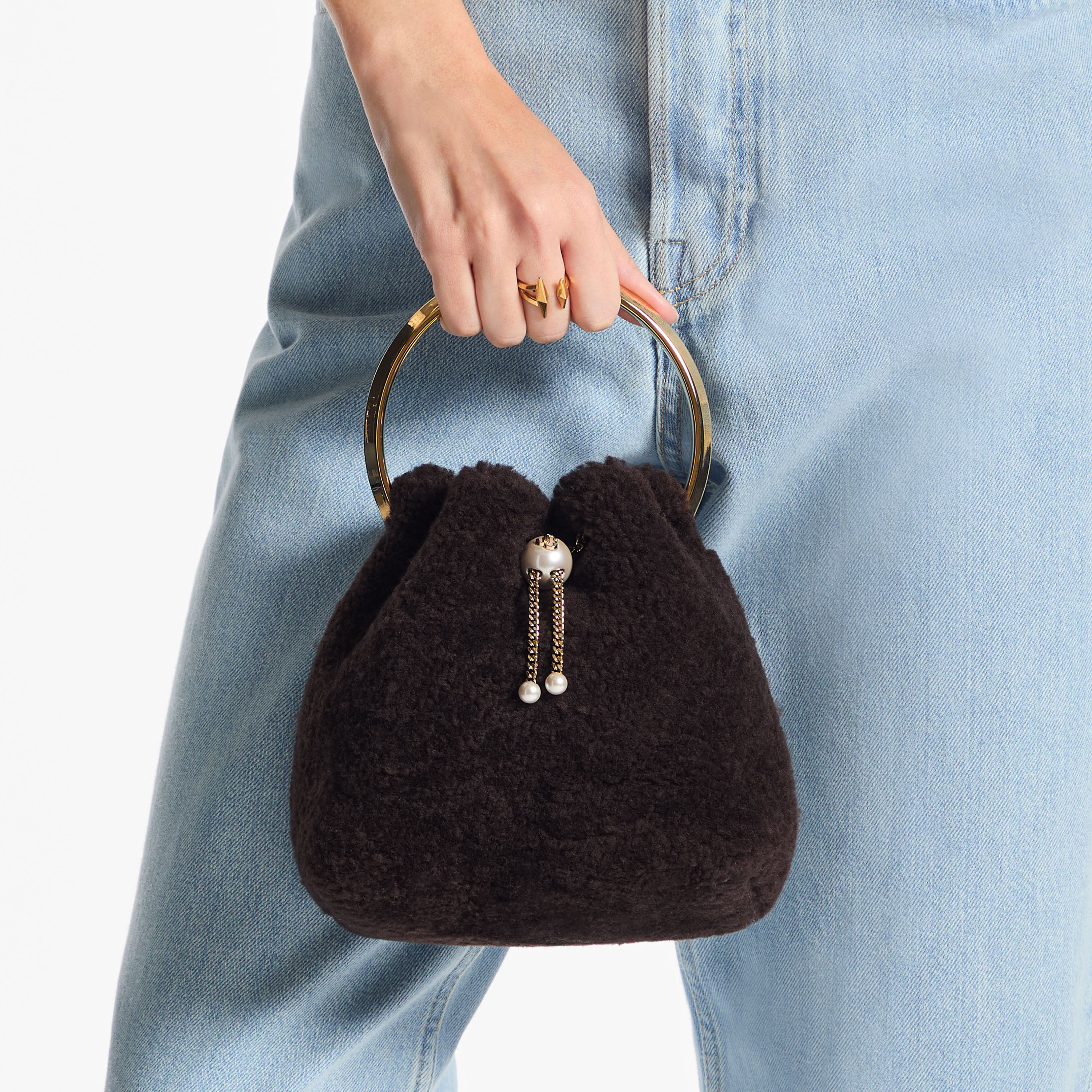 Bon Bon | Chocolate Bucket Bag with Metal Handle | JIMMY CHOO