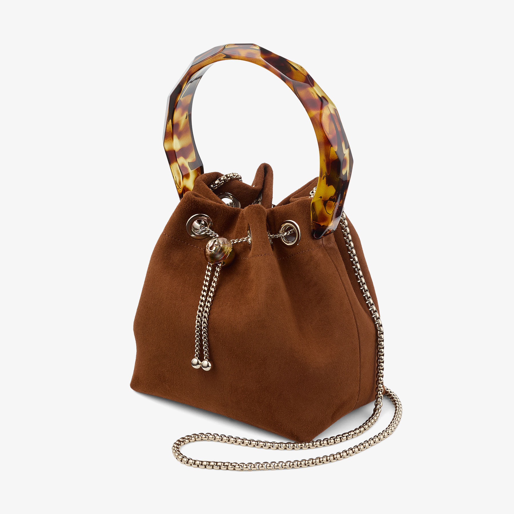 Bon Bon | Tan Suede Bucket Bag with Bead Closure and Tortoishell