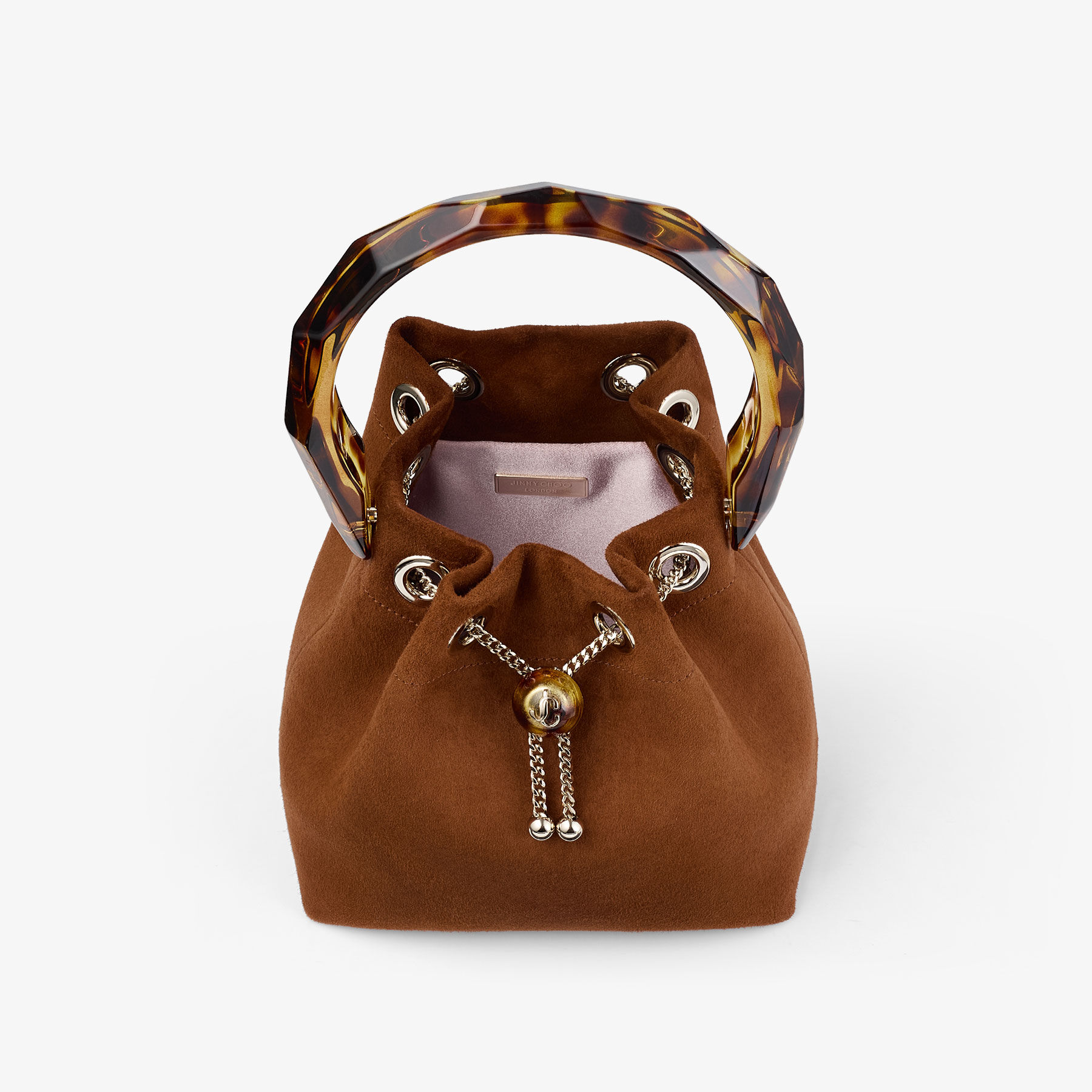 Bon Bon | Tan Suede Bucket Bag with Bead Closure and Tortoishell