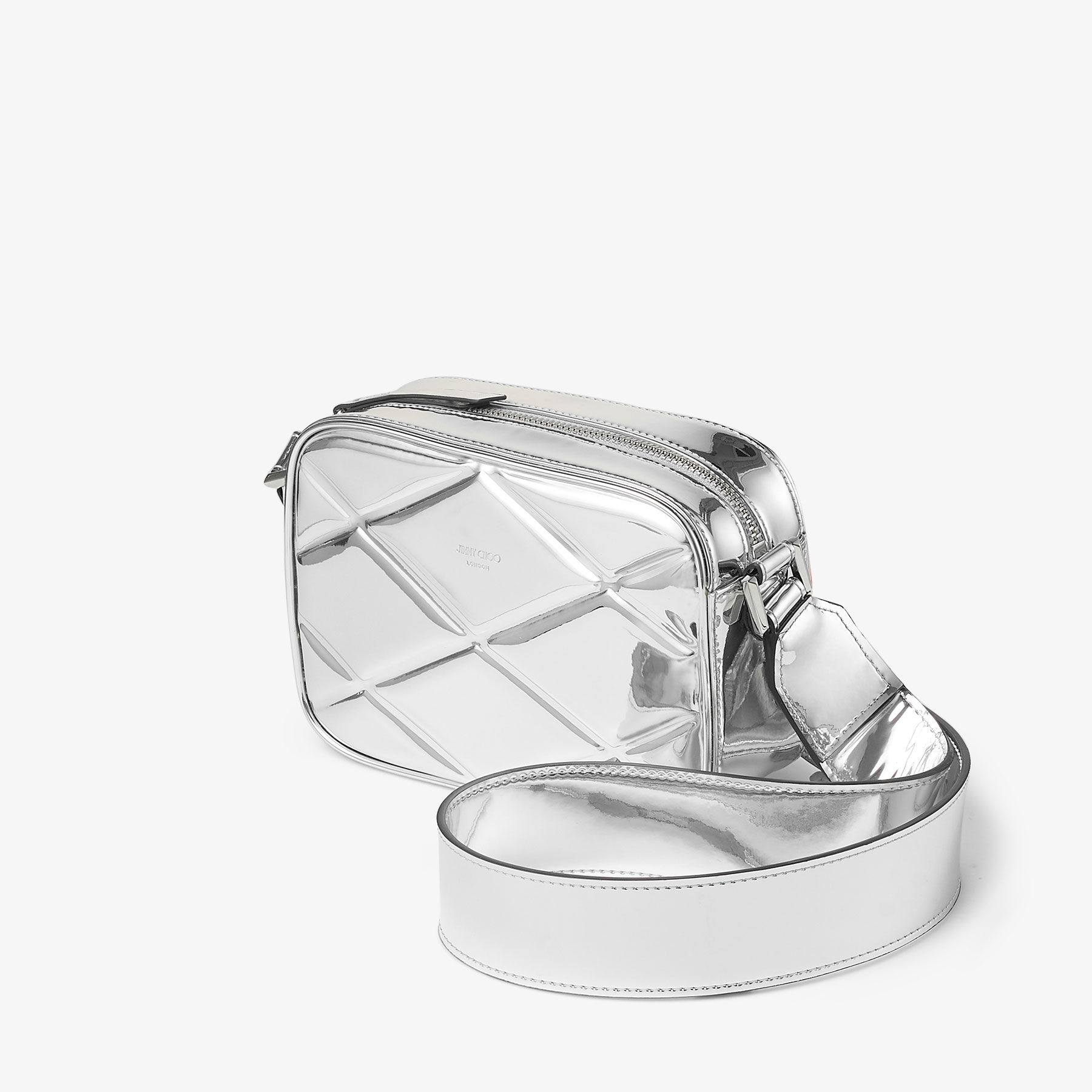 新品JIMMY CHOO非売品ミラーコンパクト Box Camera S |Silver Diamond Quilted Mirror Fabric Camera
