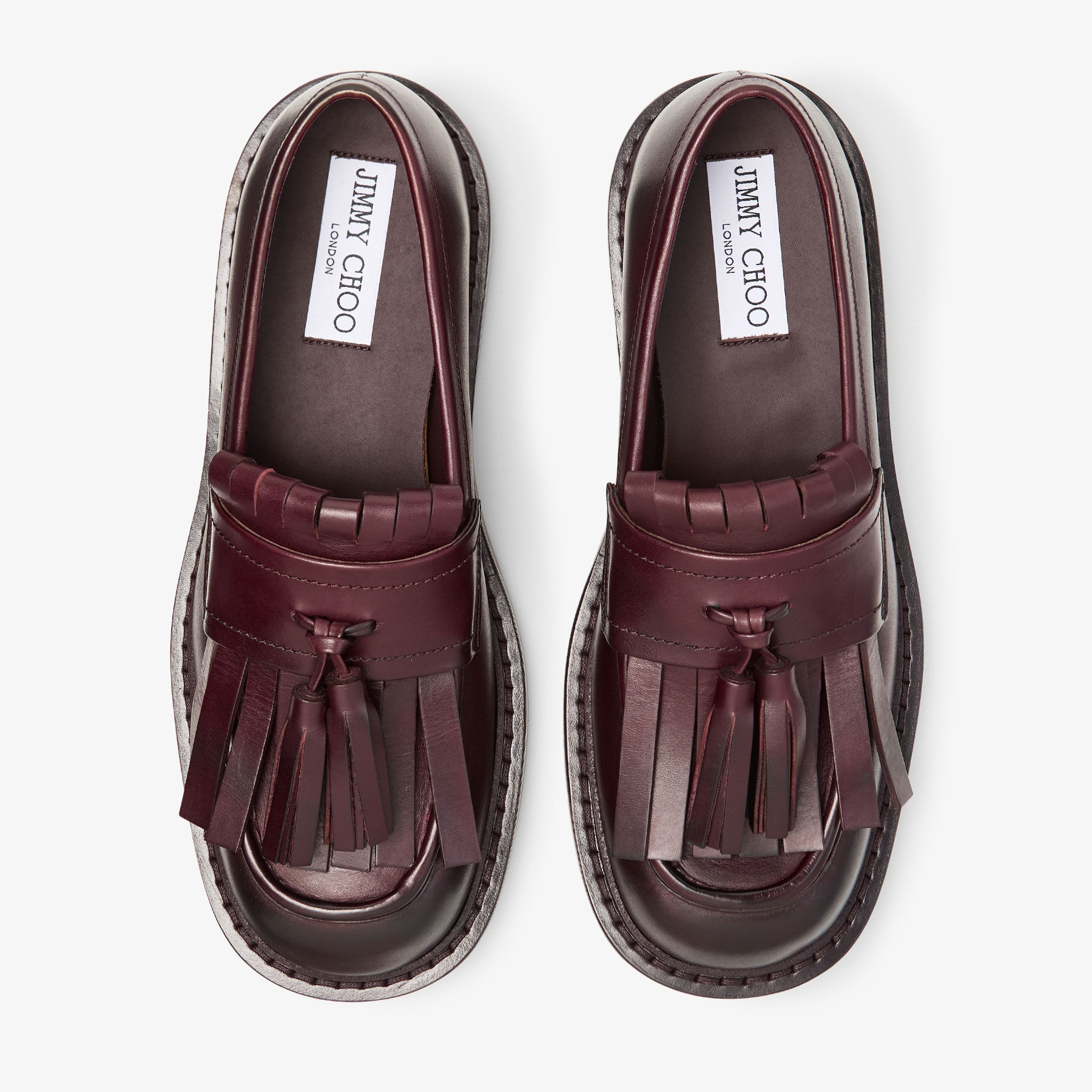 Buff Fringe Loafer | Deep Merlot Waxed Calf Loafers | JIMMY CHOO