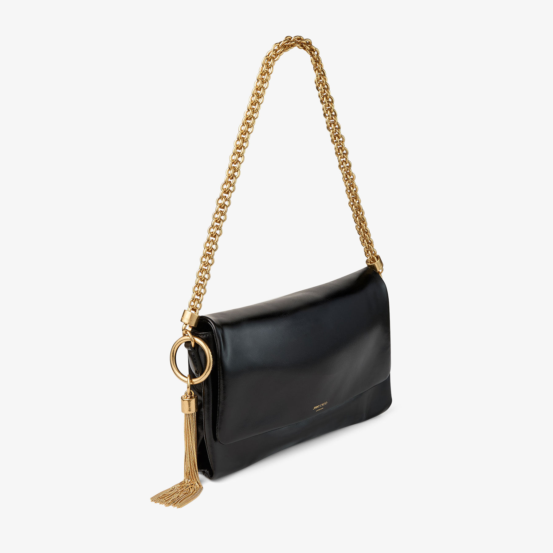 Callie Flap | Black Shiny Biker Leather Shoulder Bag | JIMMY CHOO