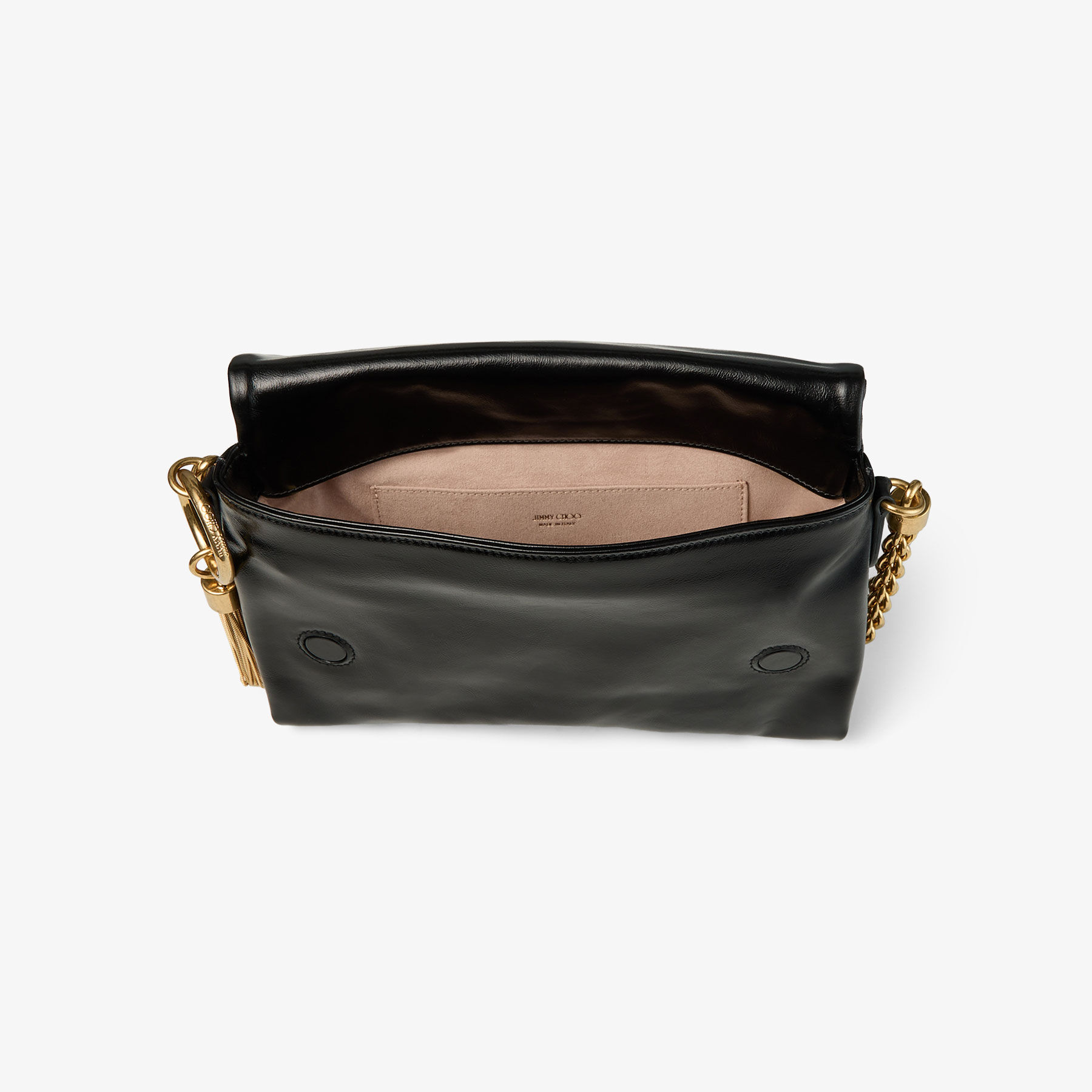Callie Flap | Black Shiny Biker Leather Shoulder Bag | JIMMY CHOO