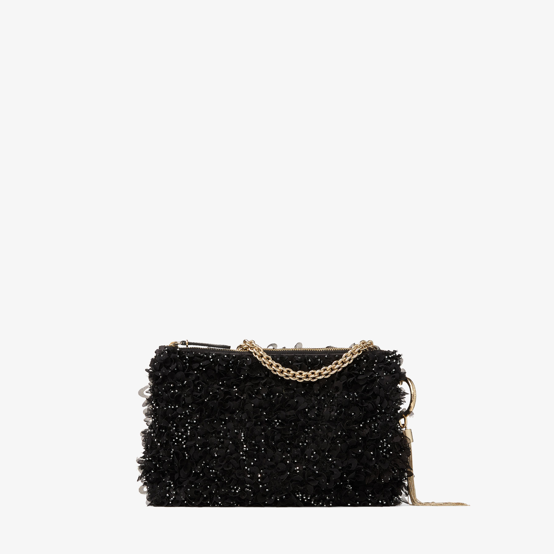 Callie | Black Satin Clutch Bag with Petal Embroidery | JIMMY CHOO