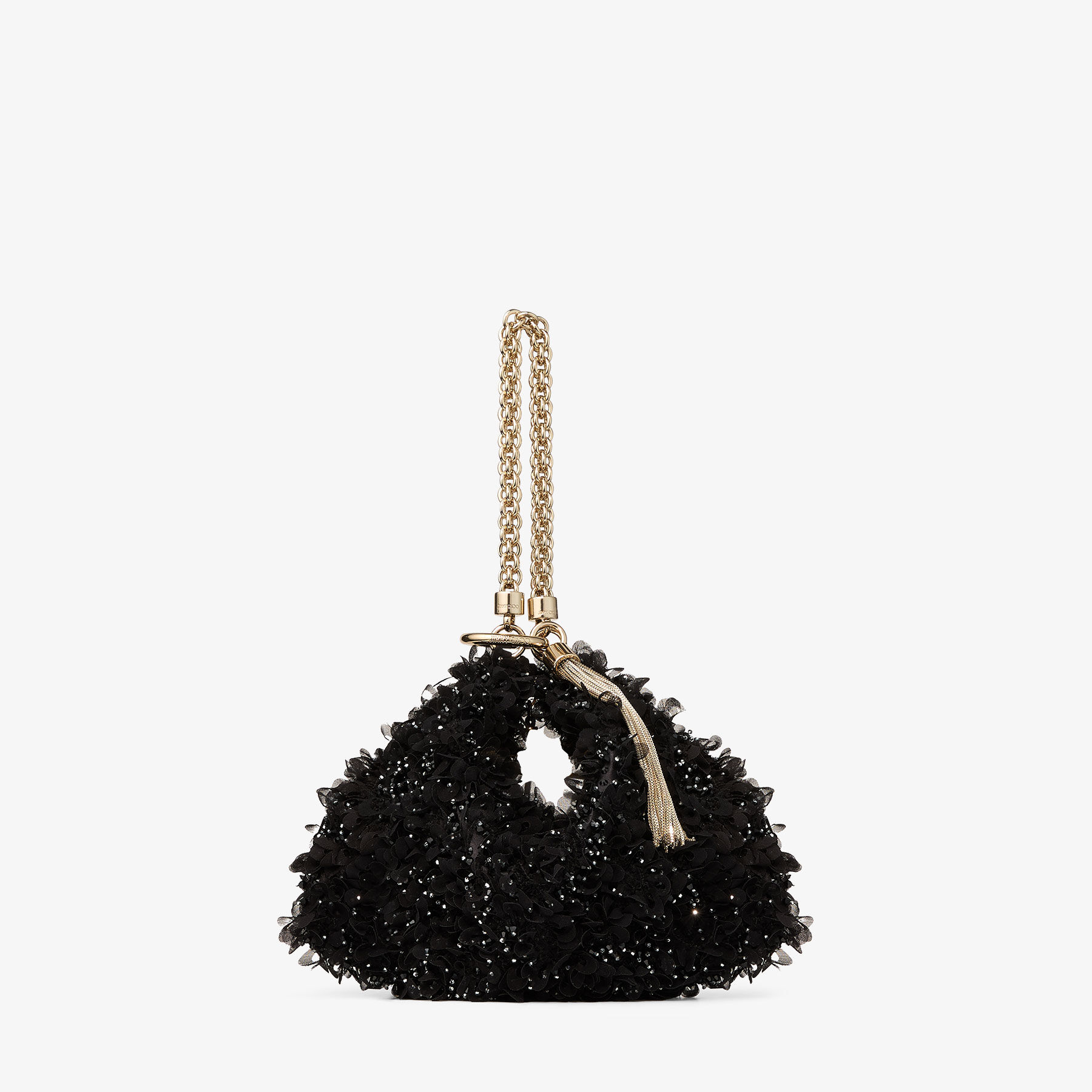 Callie | Black Satin Clutch Bag with Petal Embroidery | JIMMY CHOO