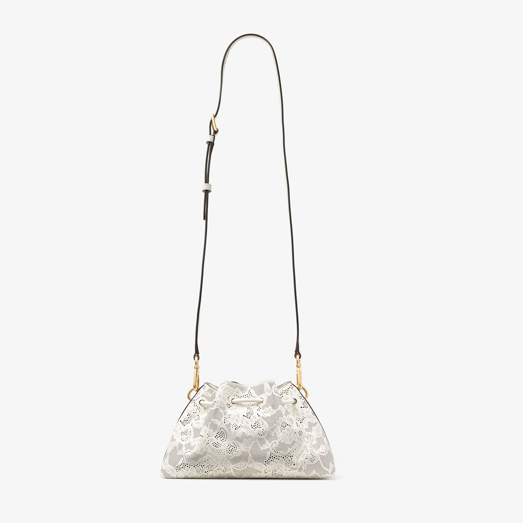 Cinch Small | Latte Perforated Lace Leather Shoulder Bag | JIMMY CHOO