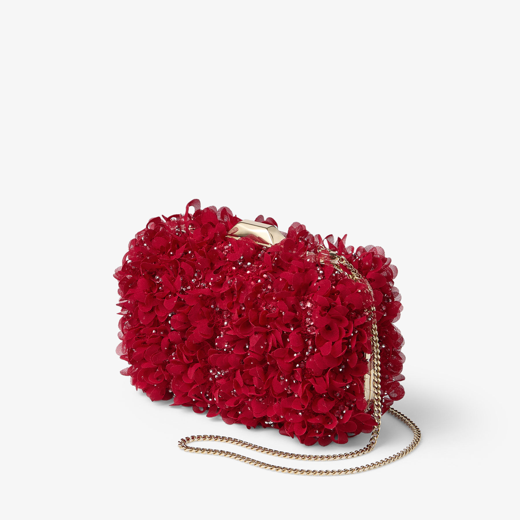 Cloud | Ruby Red Satin Clutch Bag with Petal Embroidery | JIMMY CHOO