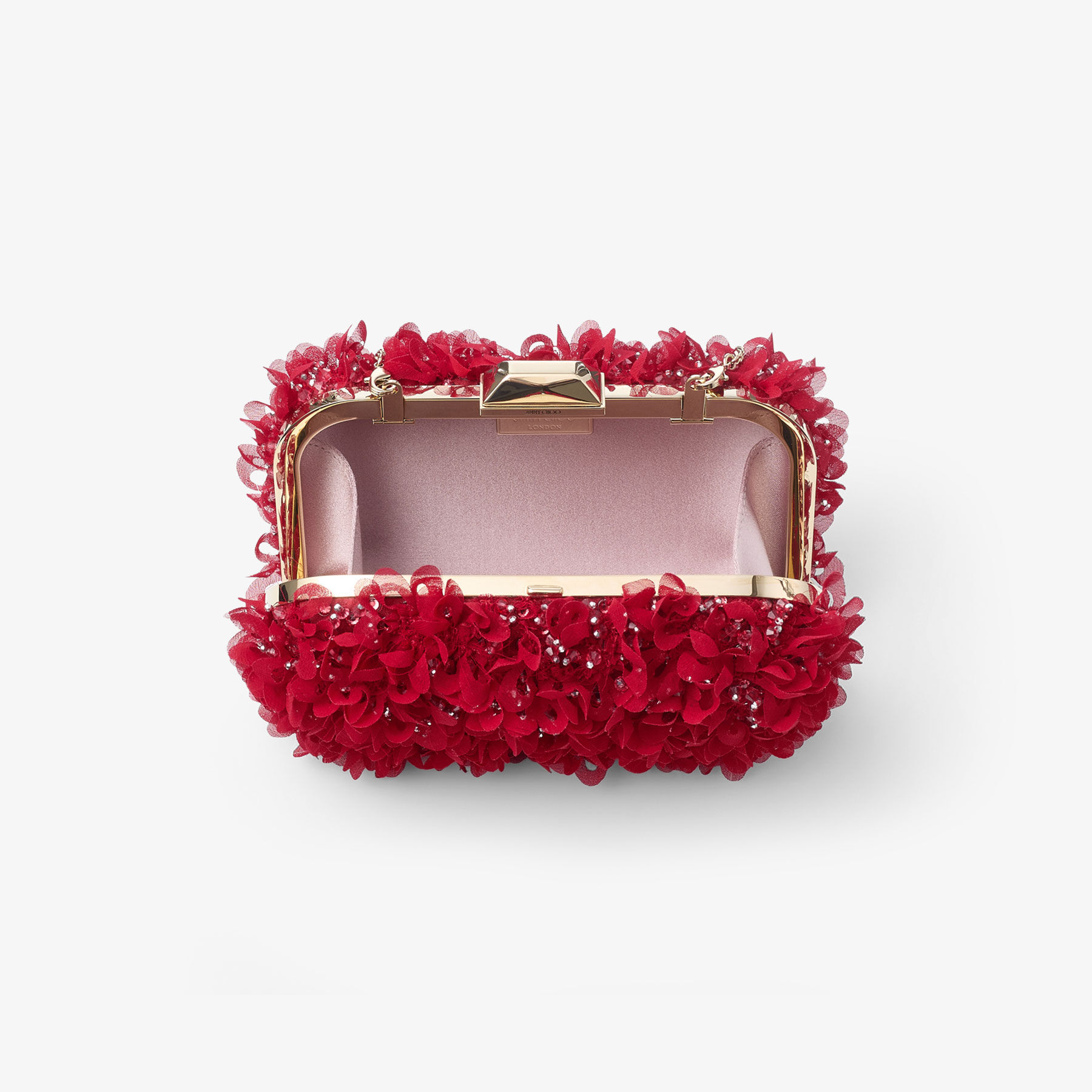Cloud | Ruby Red Satin Clutch Bag with Petal Embroidery | JIMMY CHOO