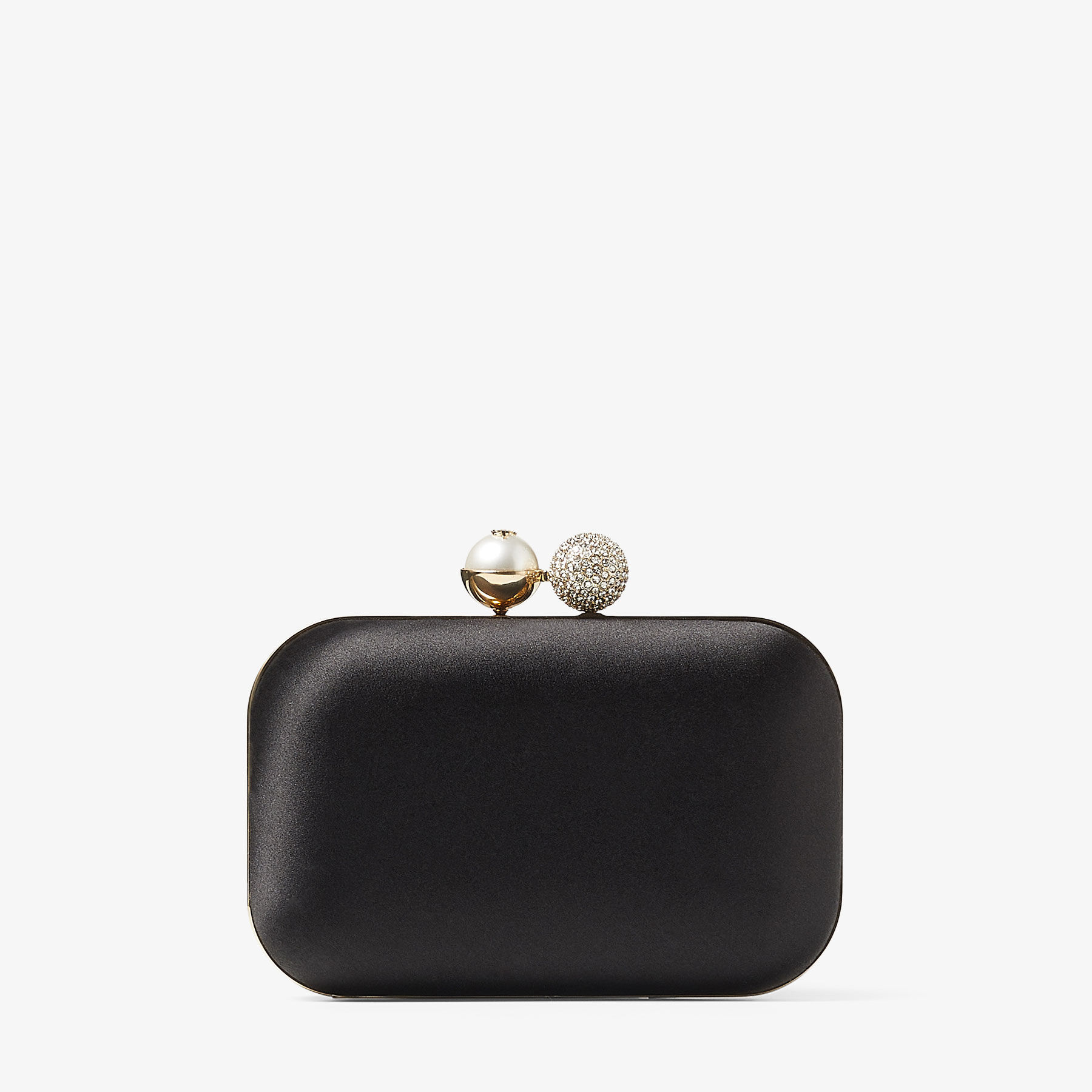 JIMMY CHOO ブラックパーティーバッグ CLOUD | Black Satin Clutch Bag with Pearl and Crystal Clasp